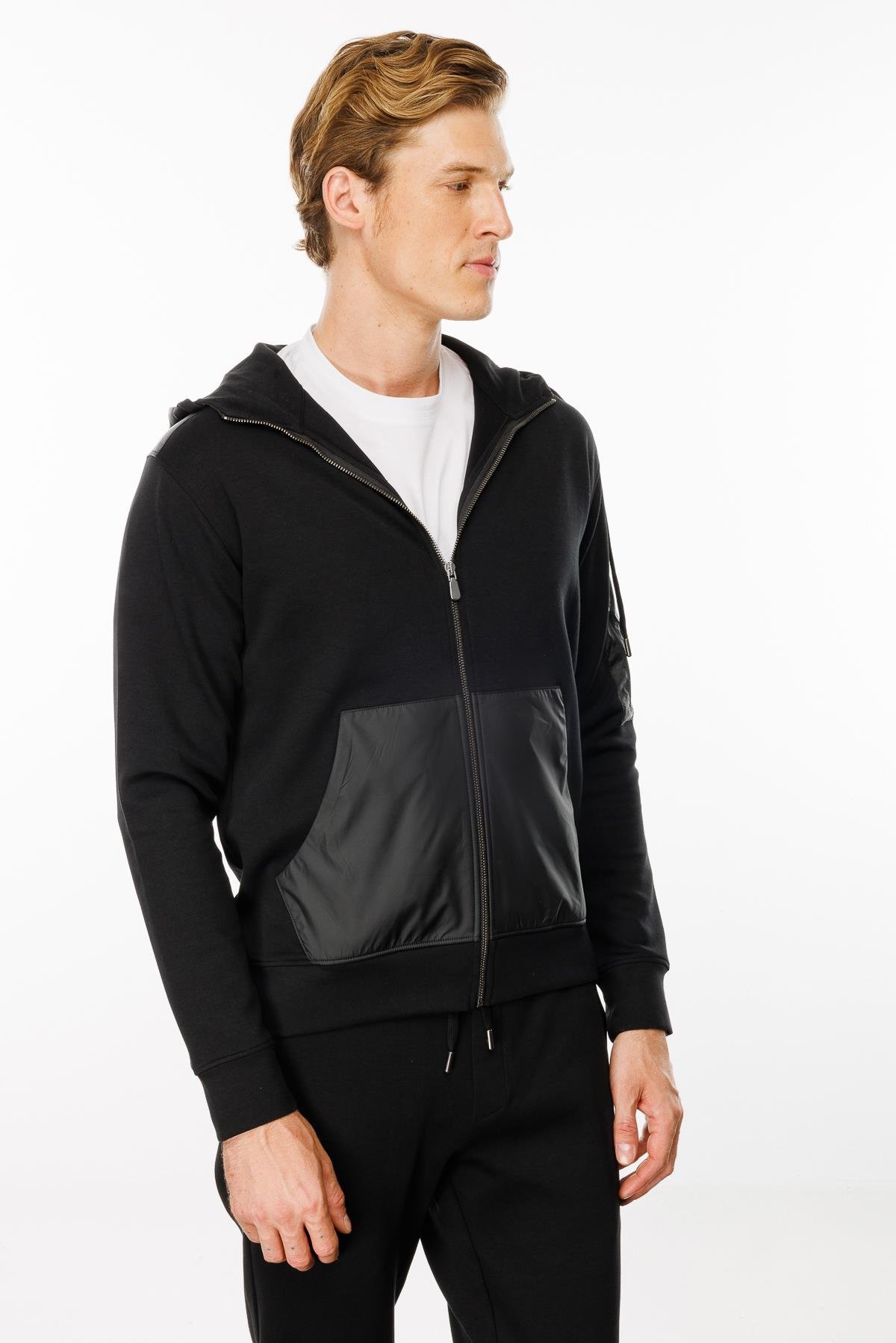 24451Erkek Kapüşonlu Kanguru Cepli Eşofman Üstü Siyah