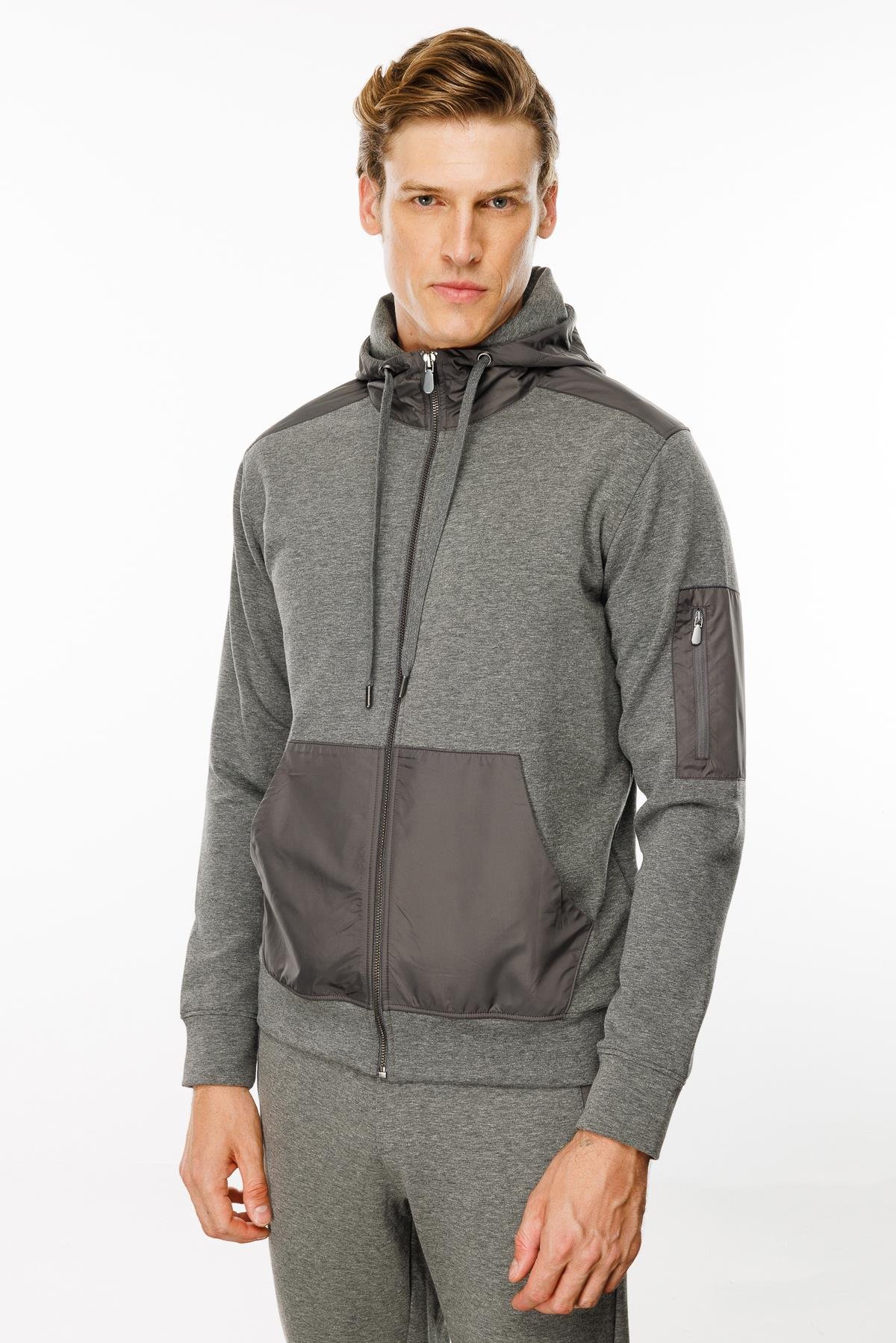 24451Erkek Kapüşonlu Kanguru Cepli Eşofman Üstü Antra/Melanj