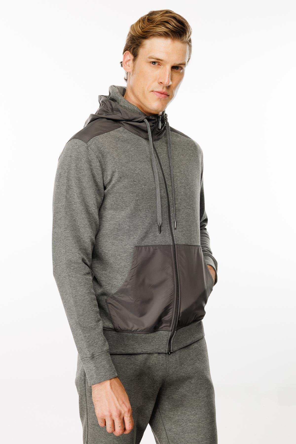 24451Erkek Kapüşonlu Kanguru Cepli Eşofman Üstü Antra/Melanj