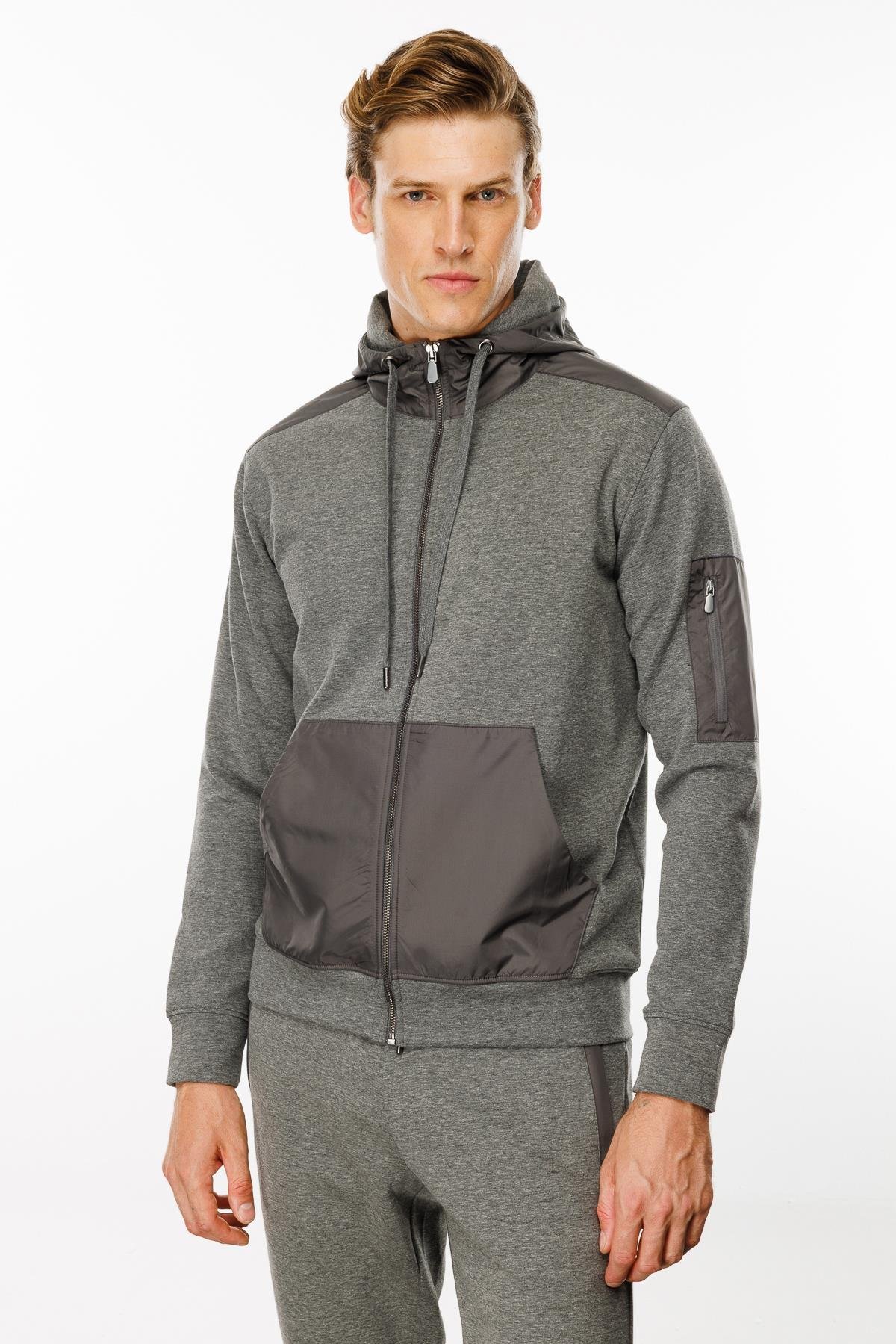 24451Erkek Kapüşonlu Kanguru Cepli Eşofman Üstü Antra/Melanj