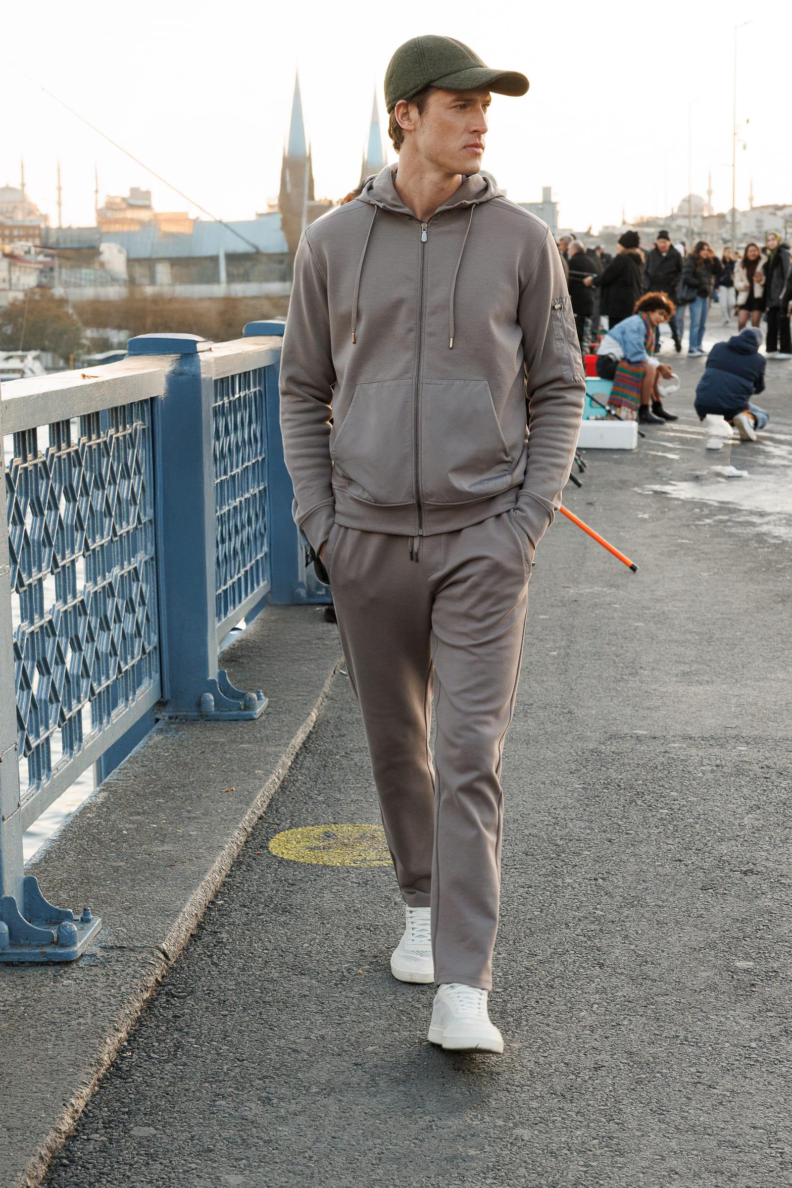 24451Erkek Kapüşonlu Kanguru Cepli Eşofman Üstü Antra/Melanj