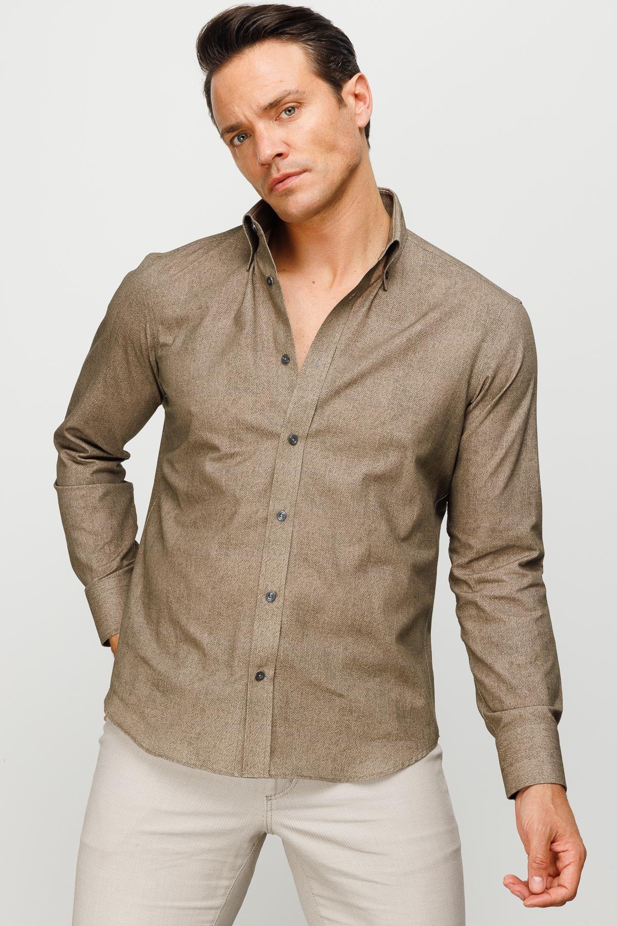 23922Erkek Klasik Yaka %100 Pamuk Regular Orta Kesim Gömlek Olive