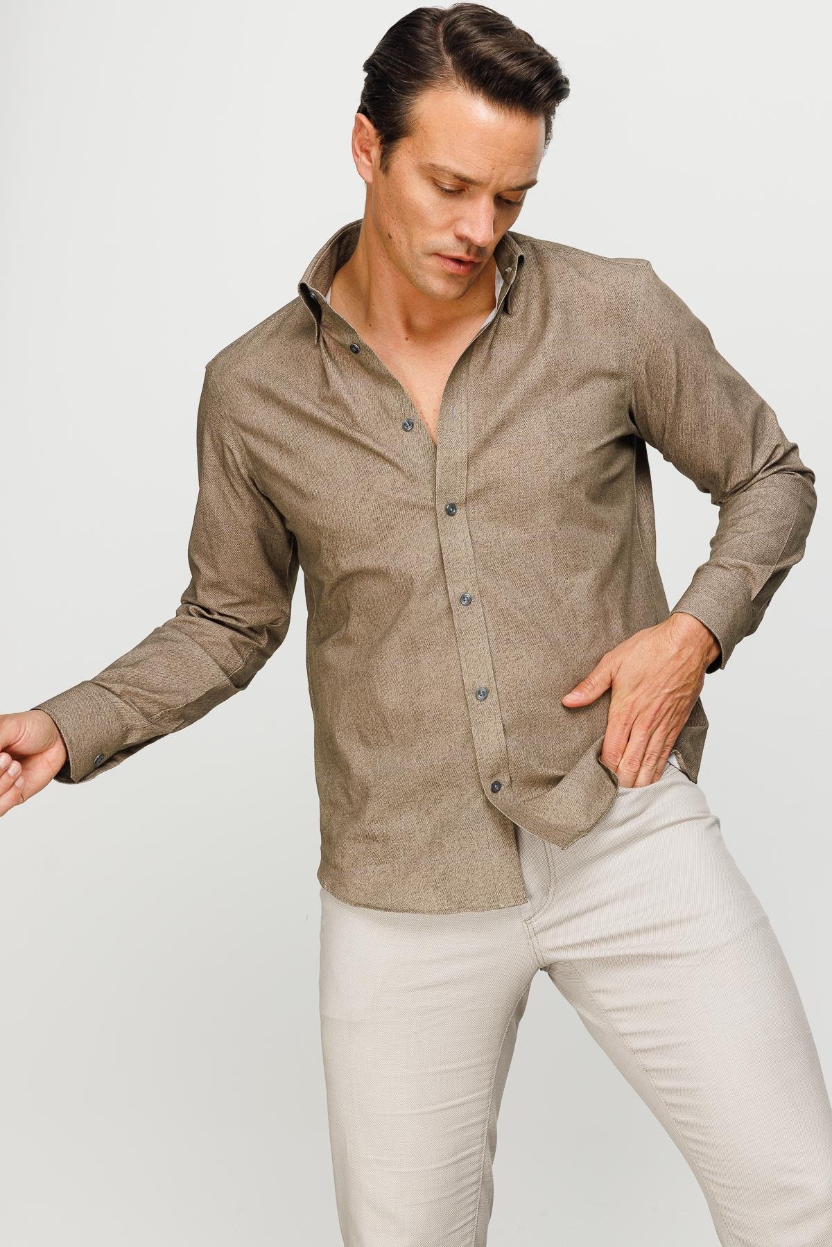 23922Erkek Klasik Yaka %100 Pamuk Regular Orta Kesim Gömlek Olive