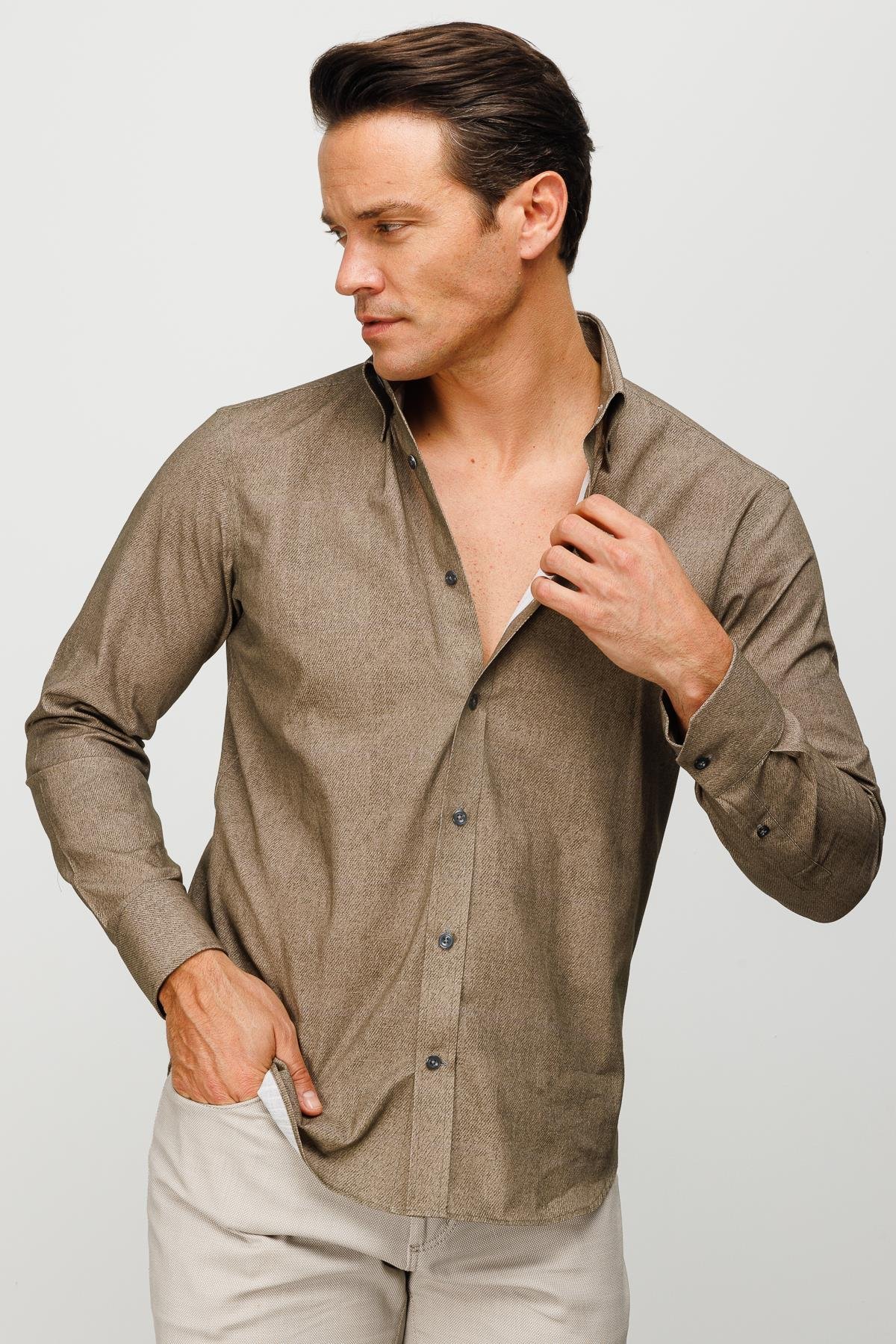 23922Erkek Klasik Yaka %100 Pamuk Regular Orta Kesim Gömlek Olive