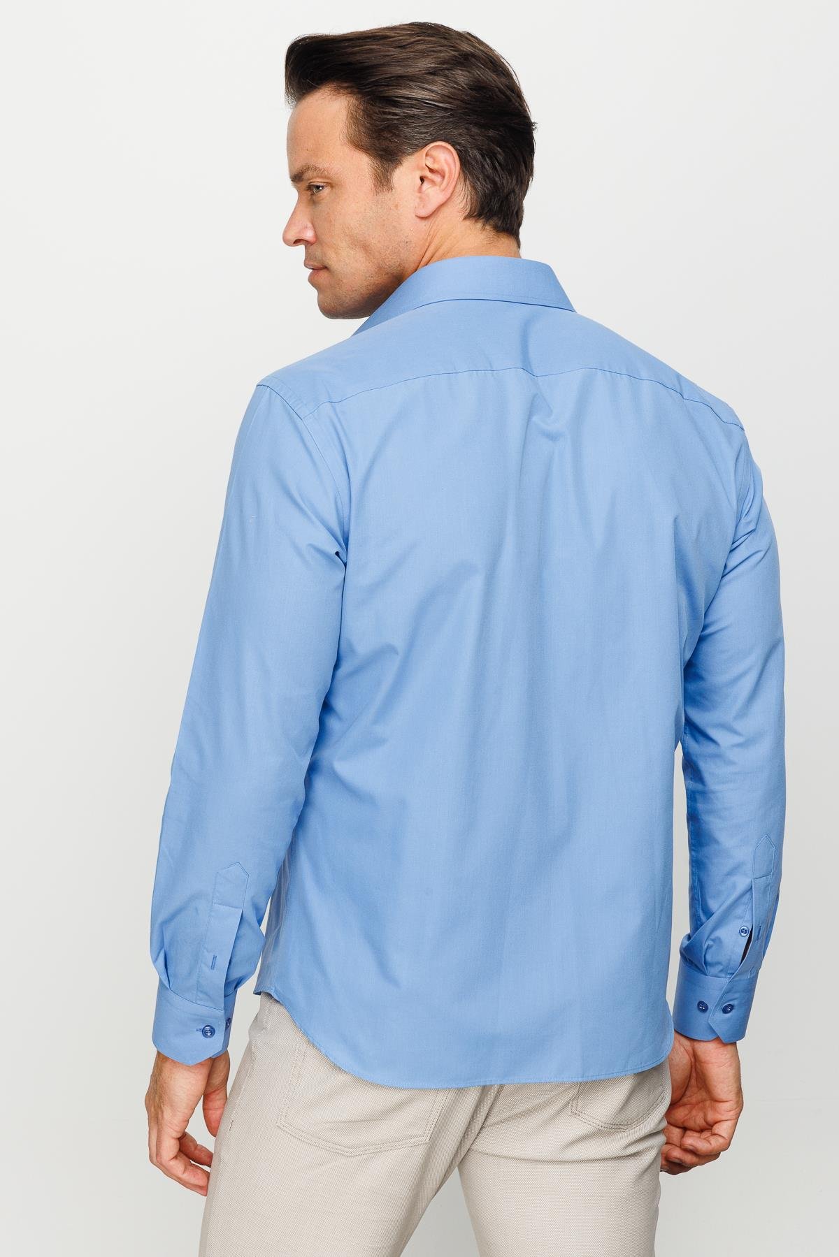 23921Erkek Düz Renk Pamuklu Gömlek Mavi