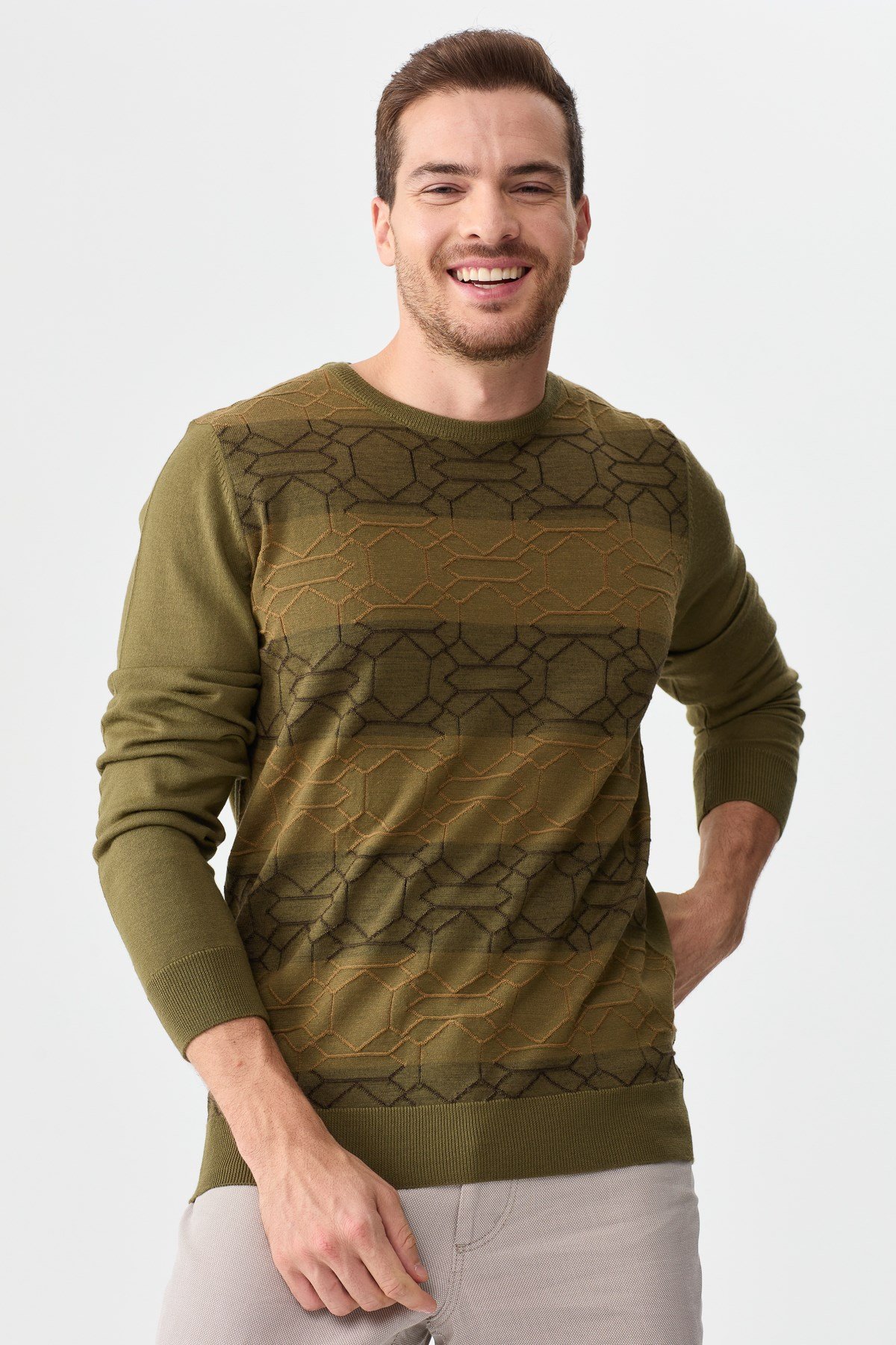 22611Erkek Önü Desenli Yün Kazak A.Haki