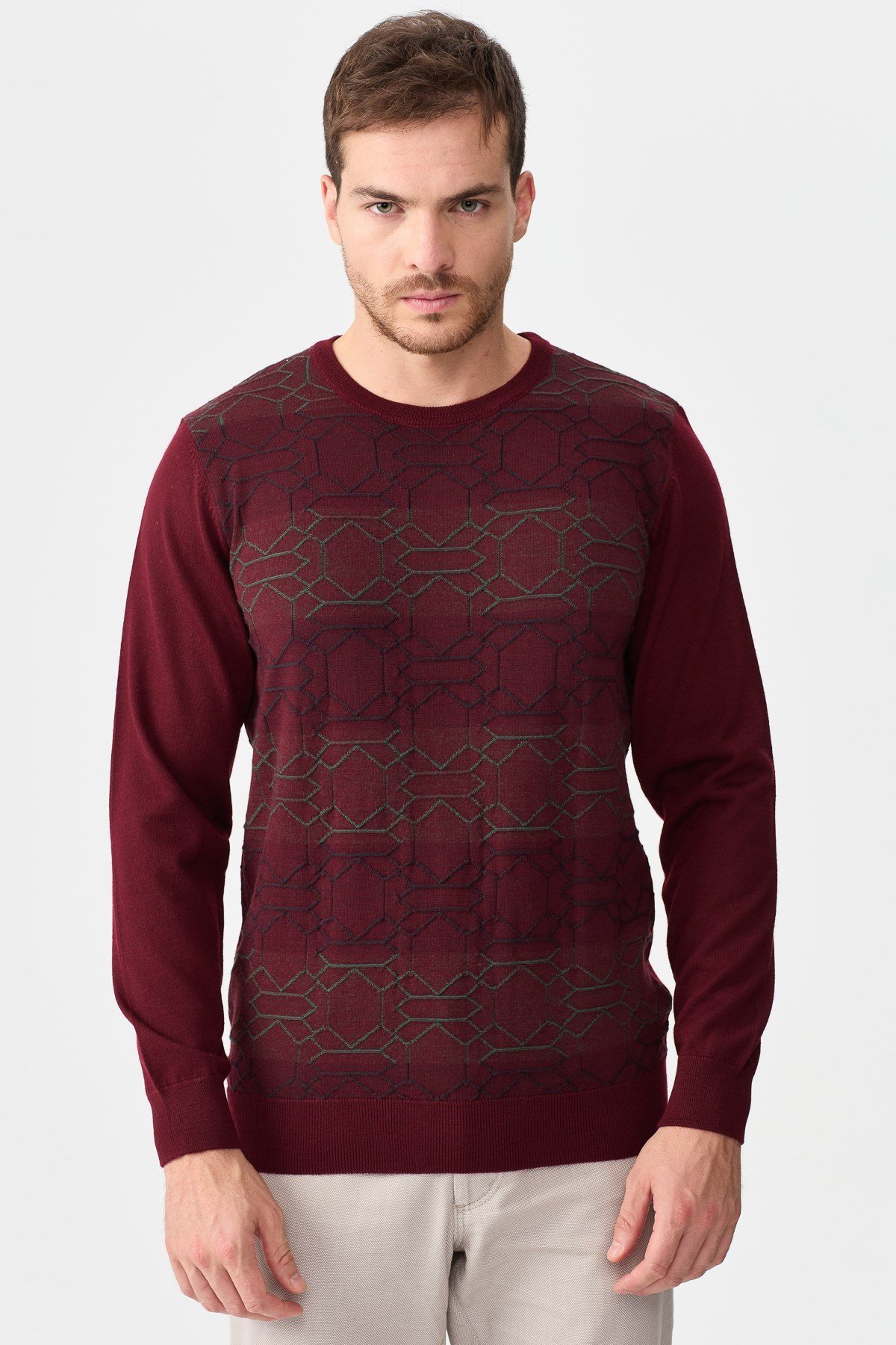 22611Erkek Önü Desenli Yün Kazak Bordo