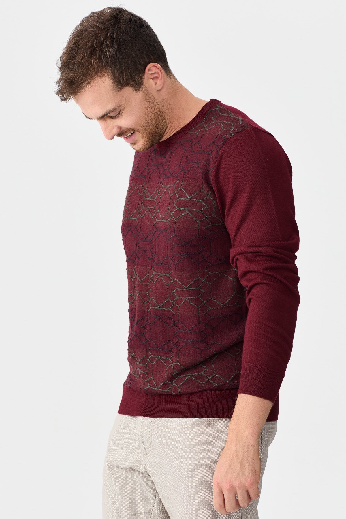 22611Erkek Önü Desenli Yün Kazak Bordo