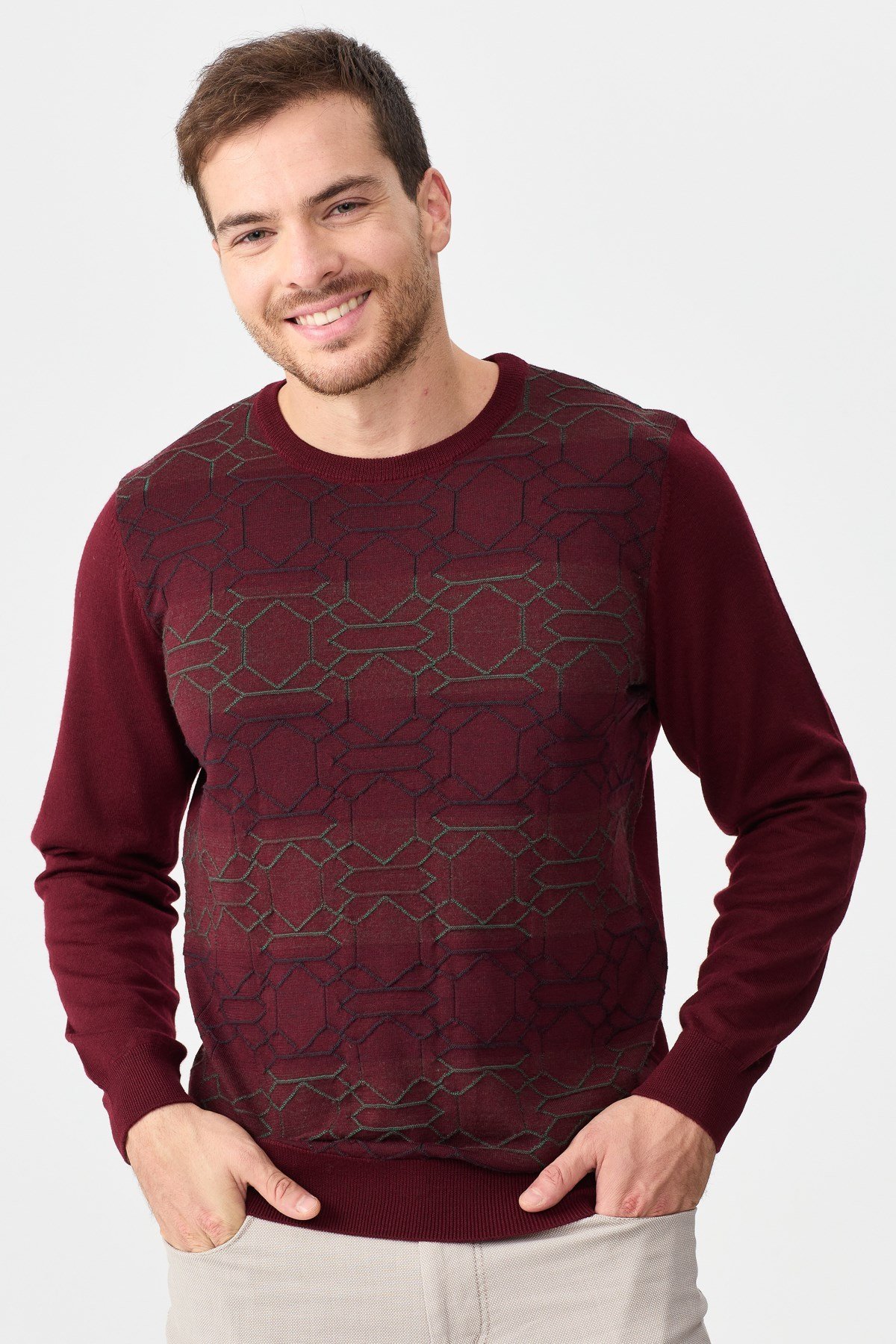 22611Erkek Önü Desenli Yün Kazak Bordo