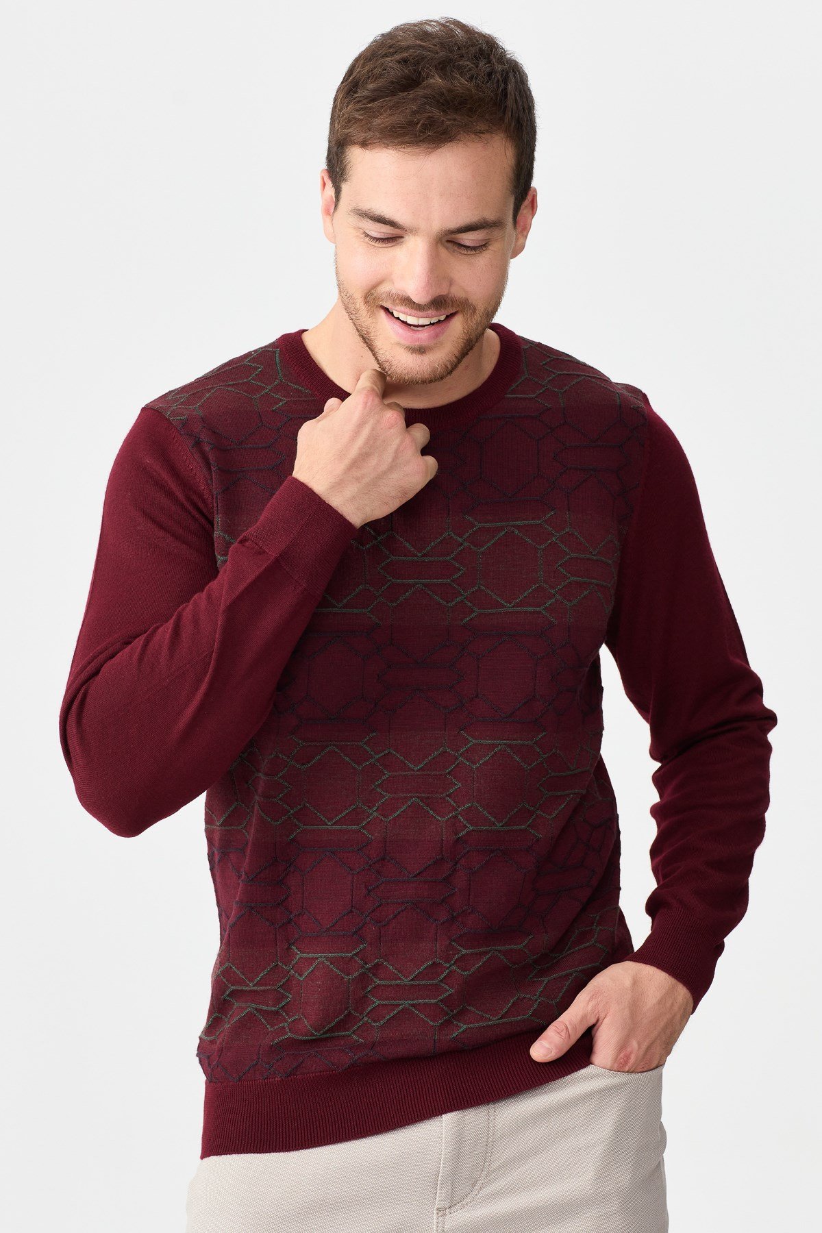 22611Erkek Önü Desenli Yün Kazak Bordo