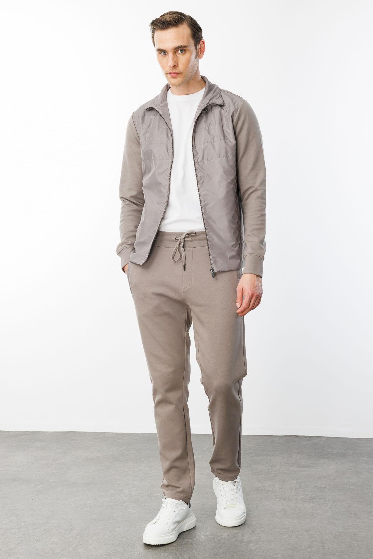 24450Erkek Önü Kapitone Eşofman Üstü Vizon