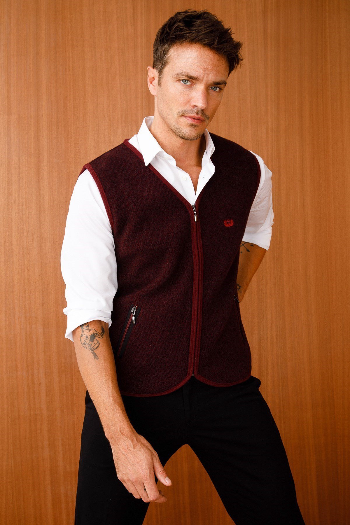 22517Erkek Pike Dokuma Fermuarlı Cepli Triko Yelek Bordo