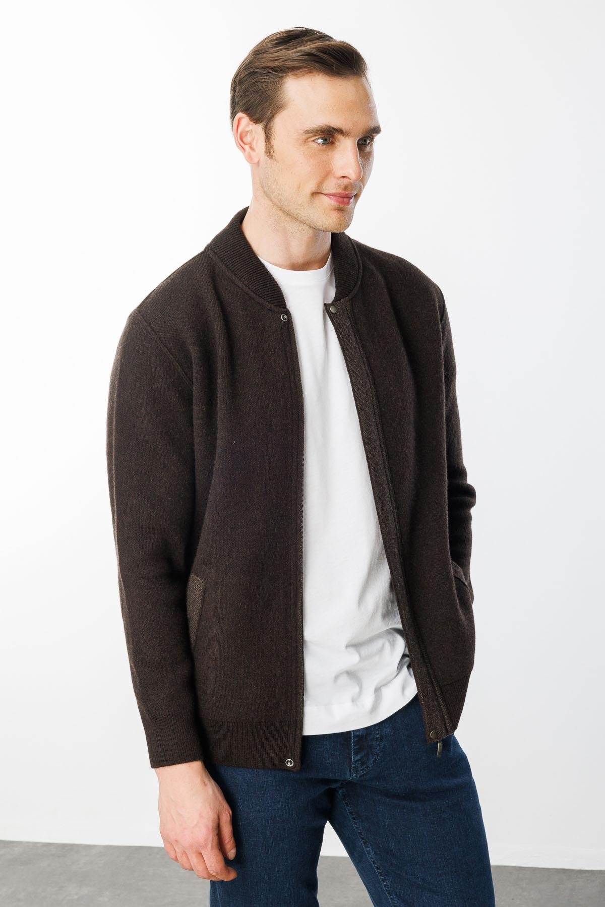 22523Erkek Pike Dokuma Fermuarlı Cepli Triko Mont Koyu Kahve