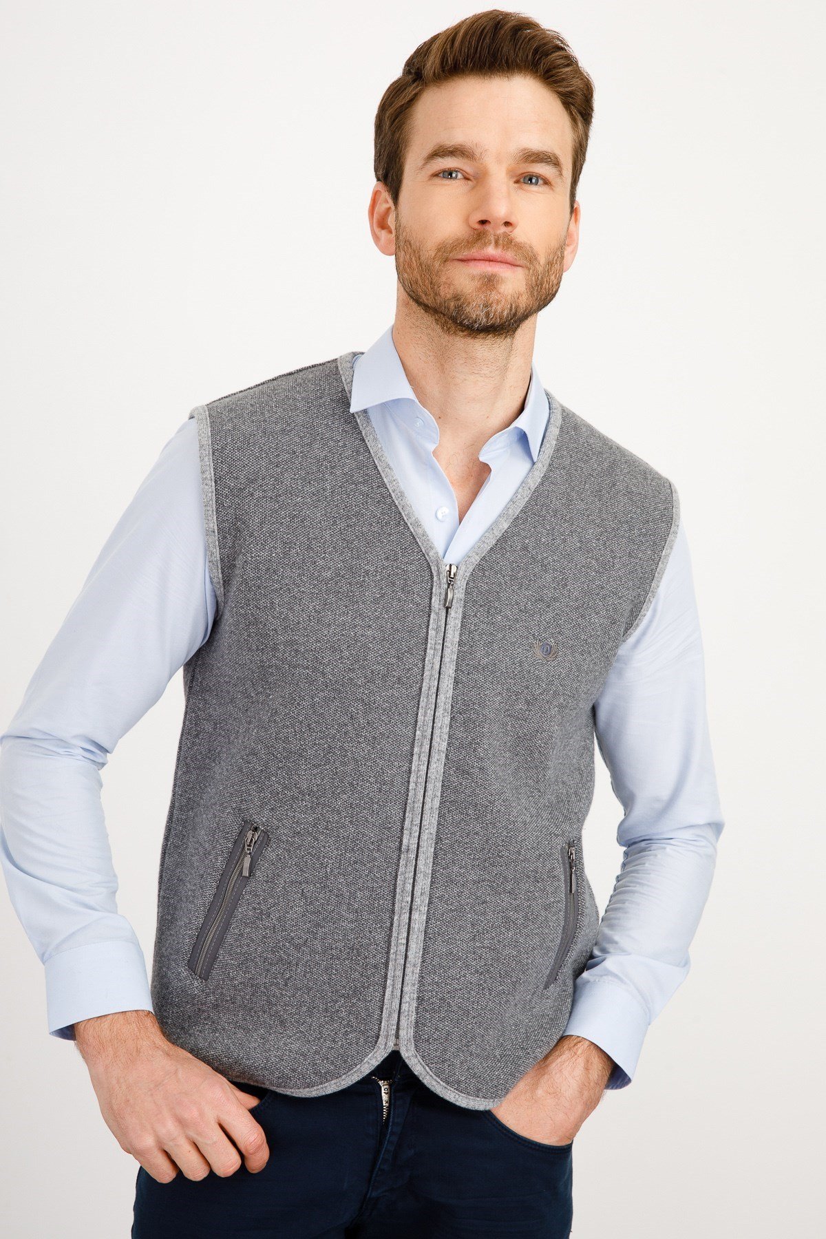 22517Erkek Pike Dokuma Fermuarlı Cepli Triko Yelek Füme