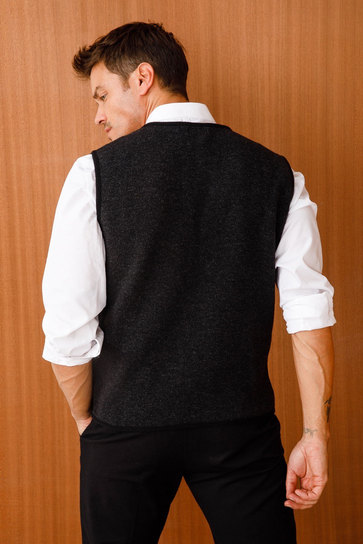 22517Erkek Pike Dokuma Fermuarlı Cepli Triko Yelek Siyah