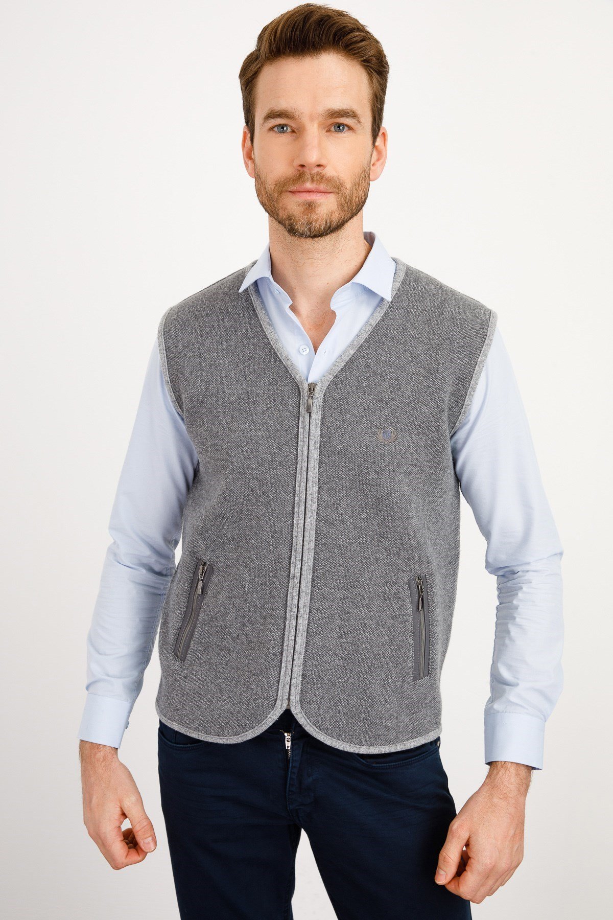 22517Erkek Pike Dokuma Fermuarlı Cepli Triko Yelek Füme