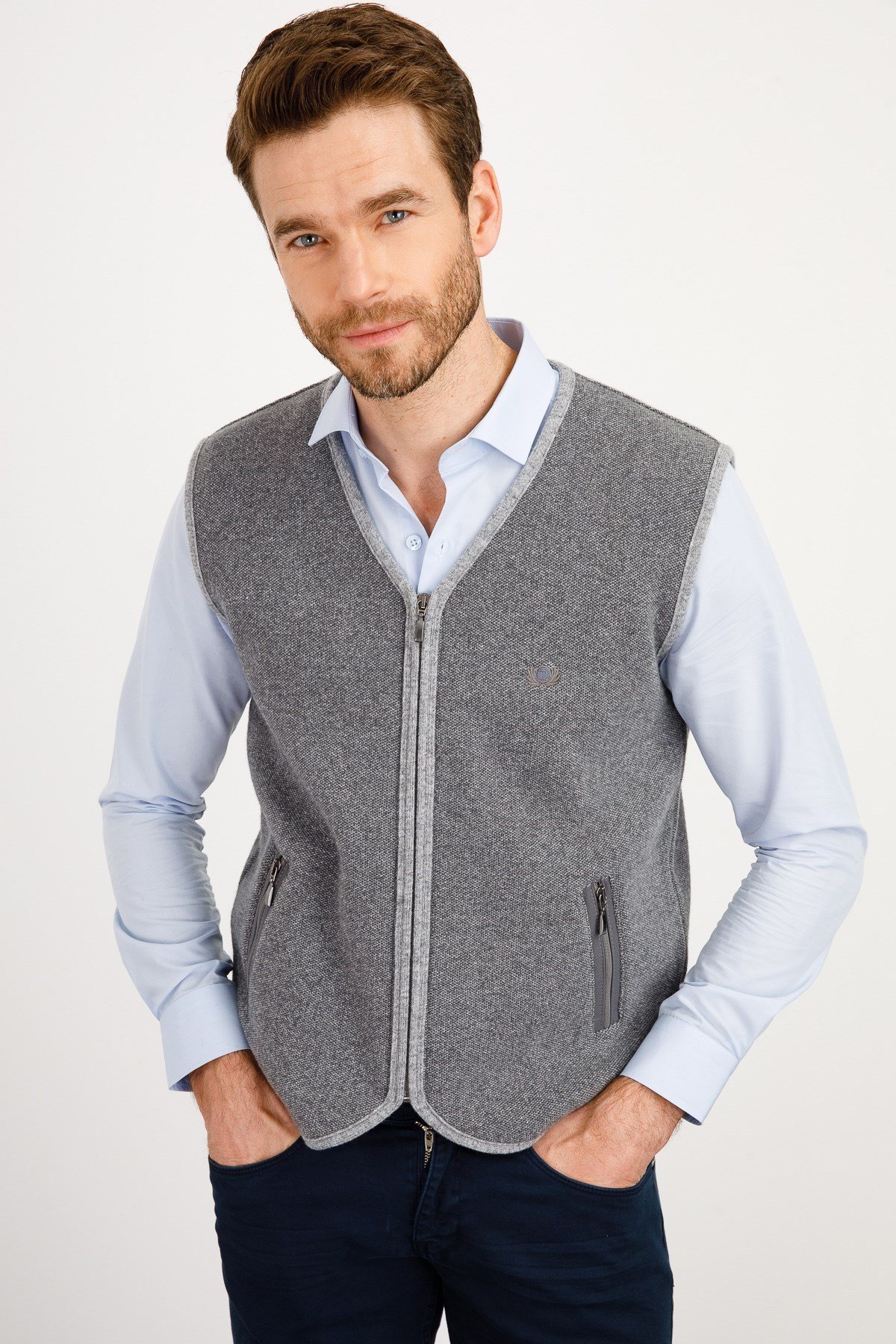 22517Erkek Pike Dokuma Fermuarlı Cepli Triko Yelek Füme