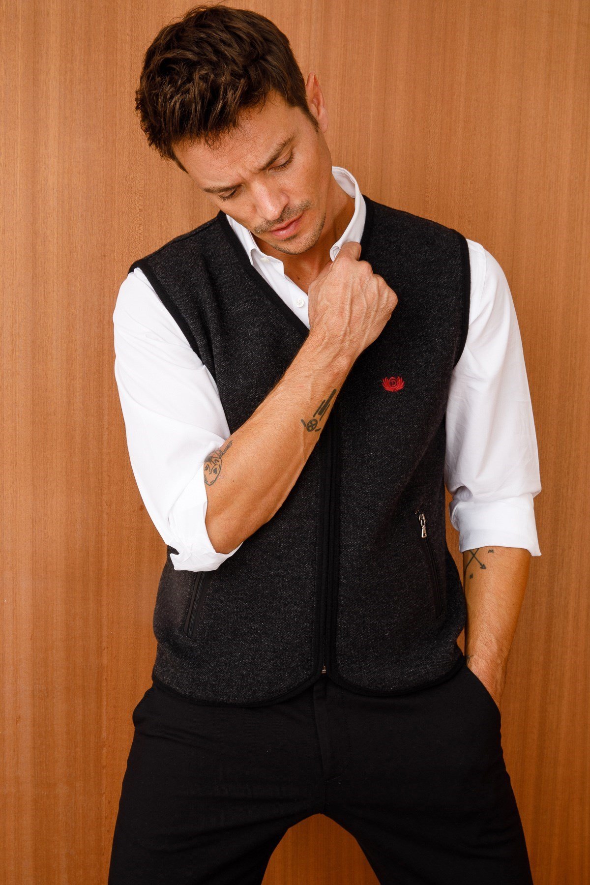 22517Erkek Pike Dokuma Fermuarlı Cepli Triko Yelek Siyah