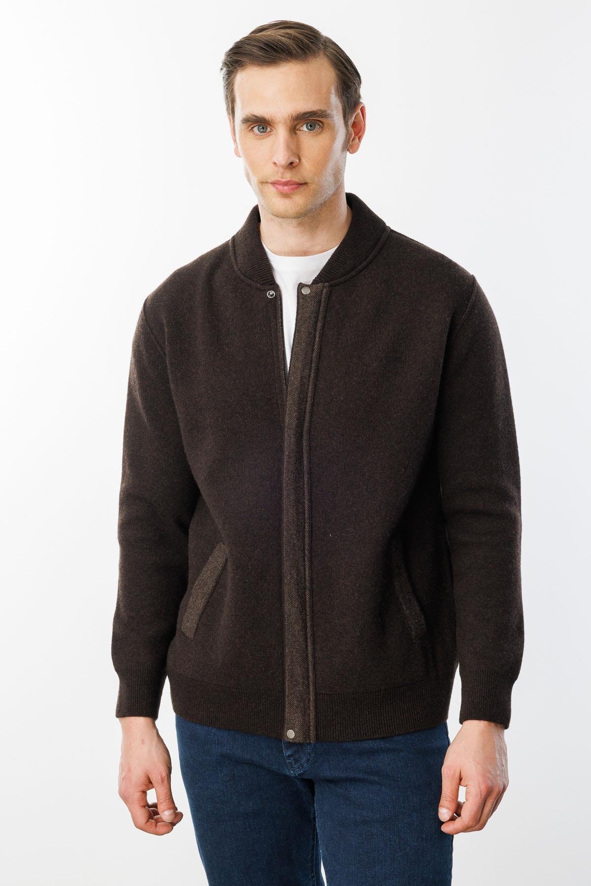 22523Erkek Pike Dokuma Fermuarlı Cepli Triko Mont Koyu Kahve