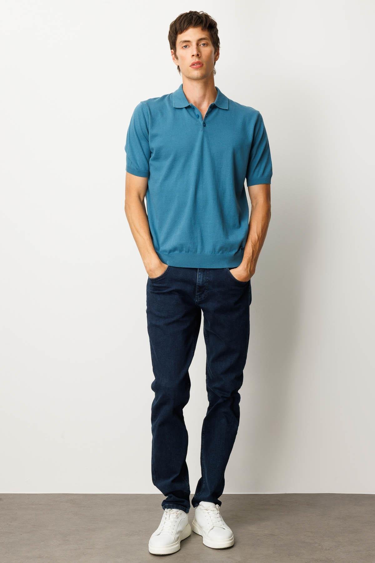 25390Erkek Polo Yaka %100 Pamuk Kısa Kol İnce Triko Mavi