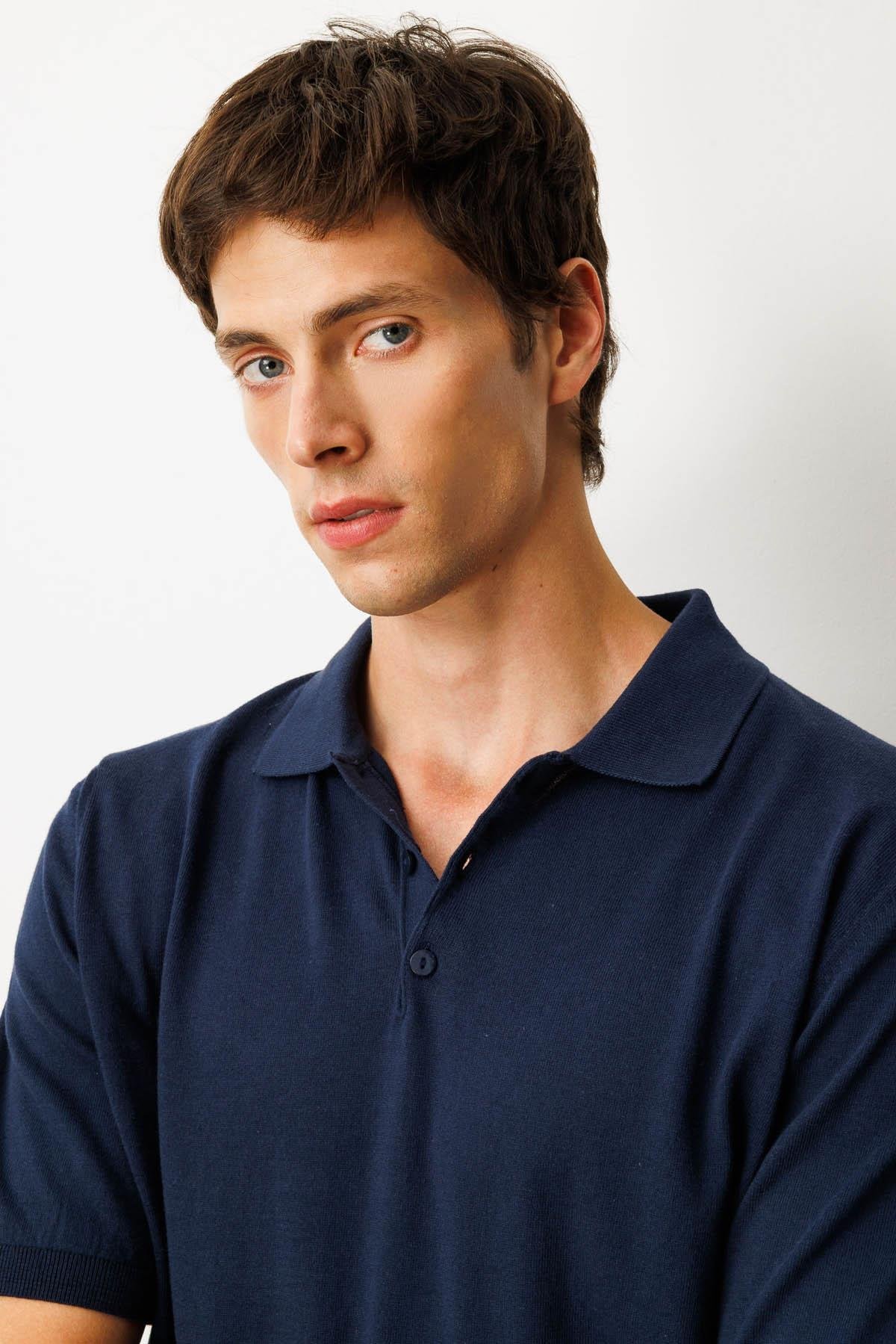 25390Erkek Polo Yaka %100 Pamuk Kısa Kol İnce Triko Lacivert