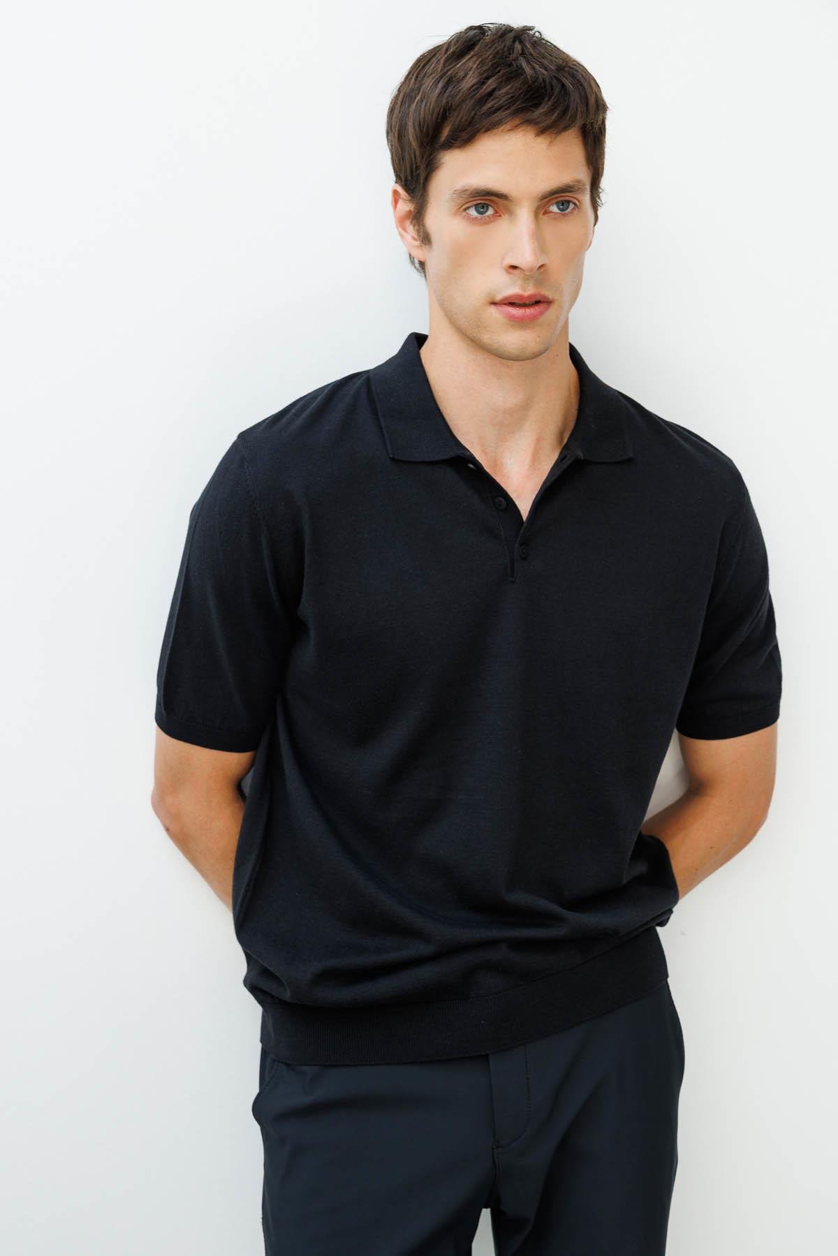 25390Erkek Polo Yaka %100 Pamuk Kısa Kol İnce Triko Siyah