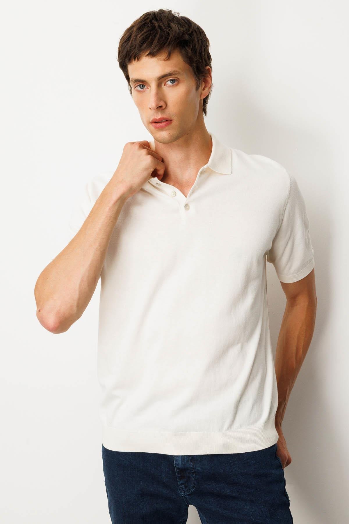 25390Erkek Polo Yaka %100 Pamuk Kısa Kol İnce Triko Krem