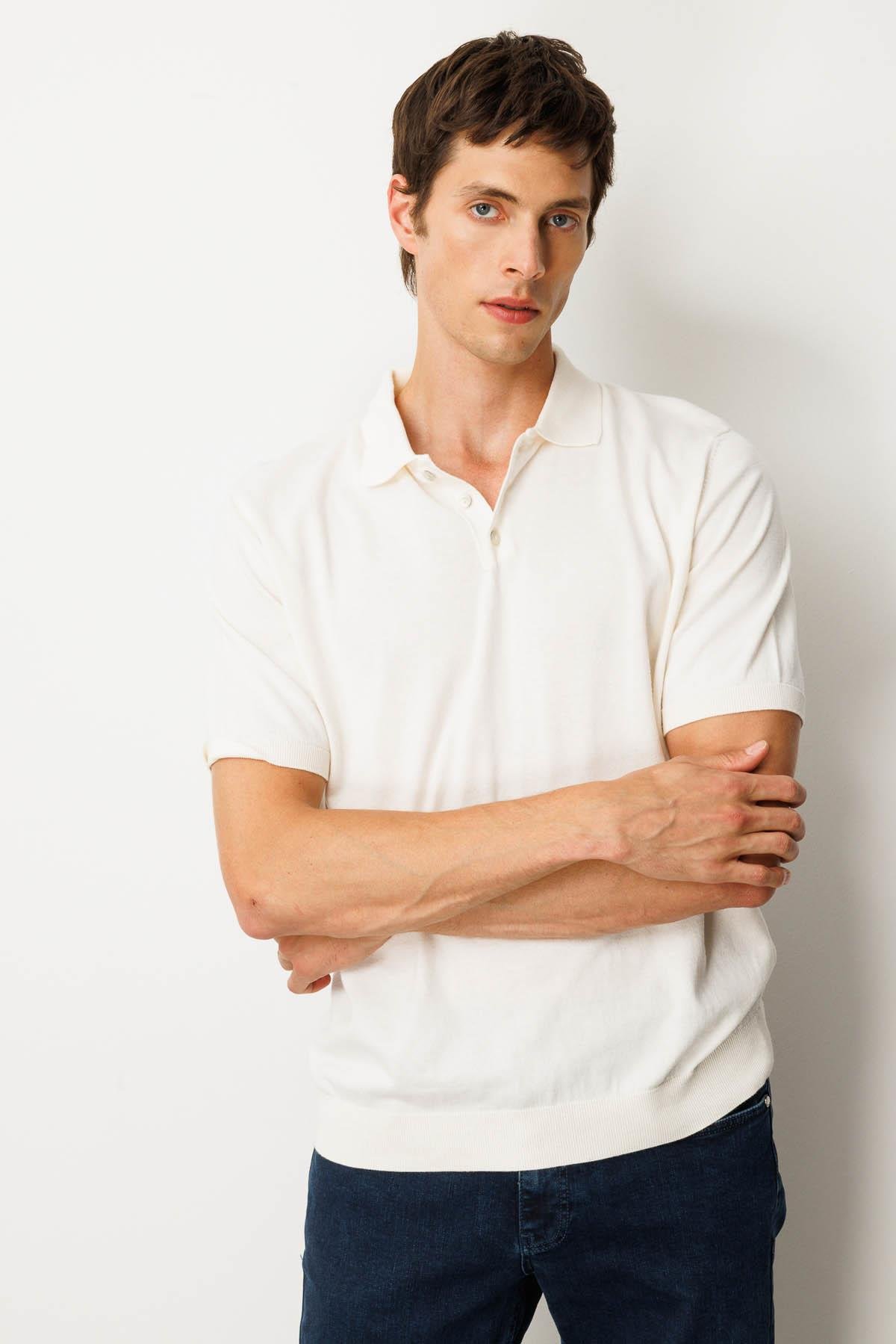 25390Erkek Polo Yaka %100 Pamuk Kısa Kol İnce Triko Krem