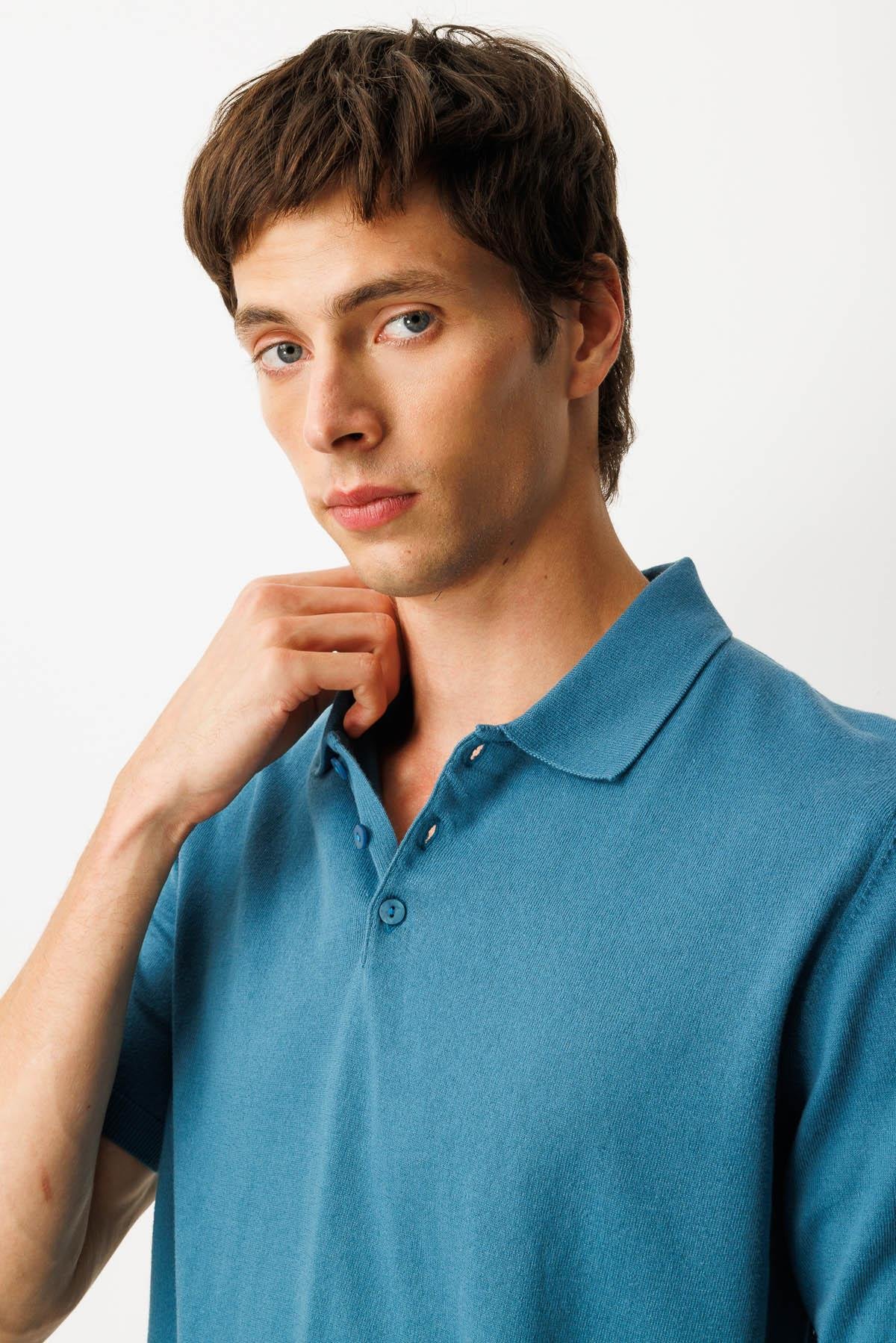 25390Erkek Polo Yaka %100 Pamuk Kısa Kol İnce Triko Mavi