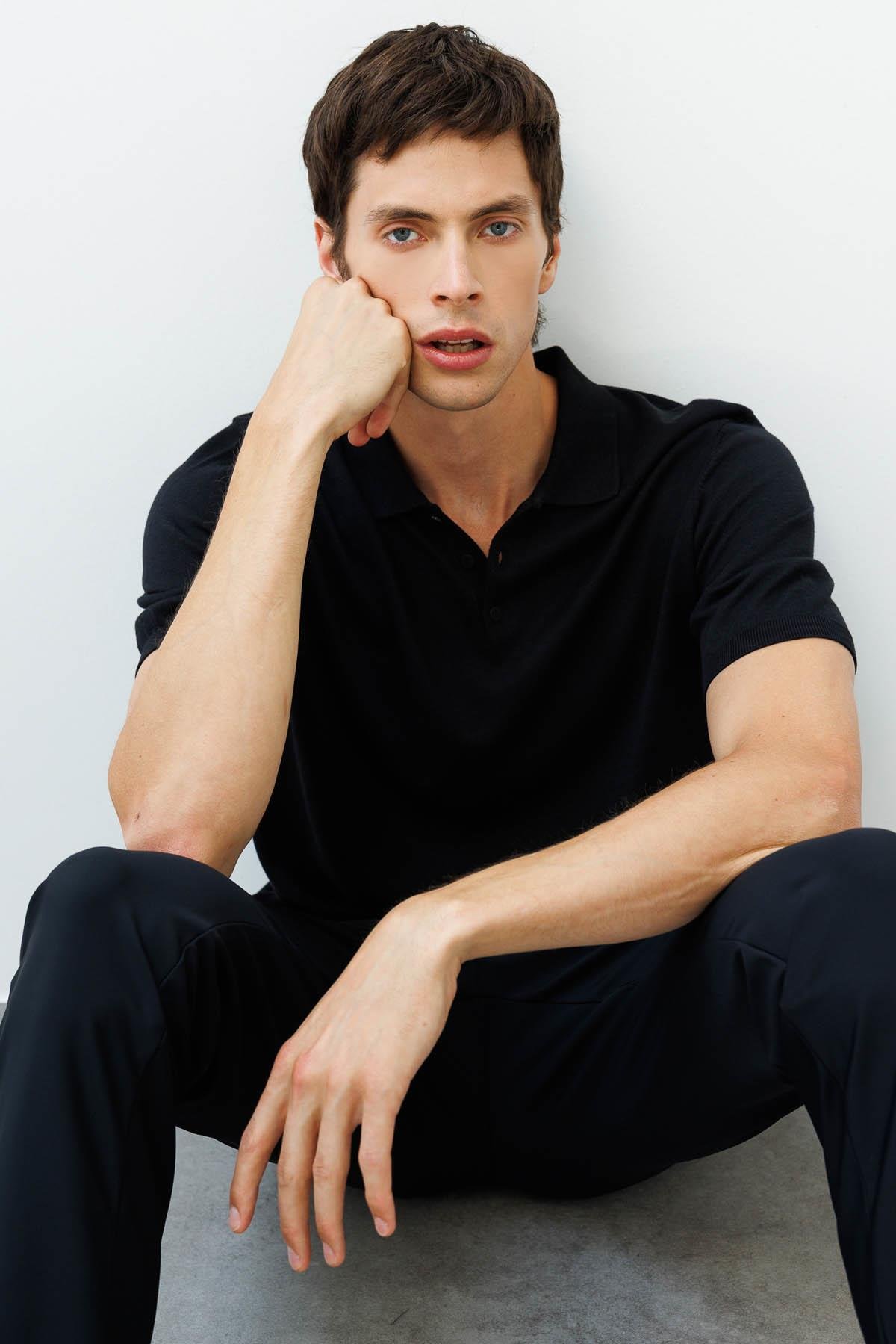 25390Erkek Polo Yaka %100 Pamuk Kısa Kol İnce Triko Siyah