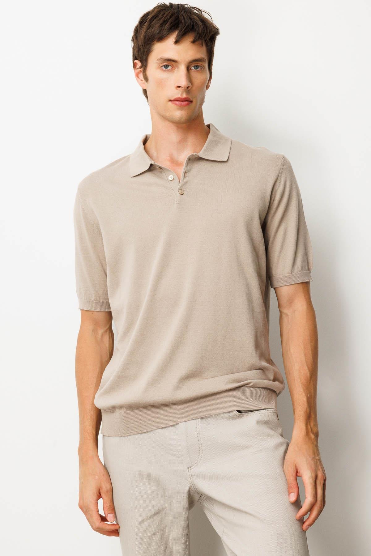 25390Erkek Polo Yaka %100 Pamuk Kısa Kol İnce Triko Vizon