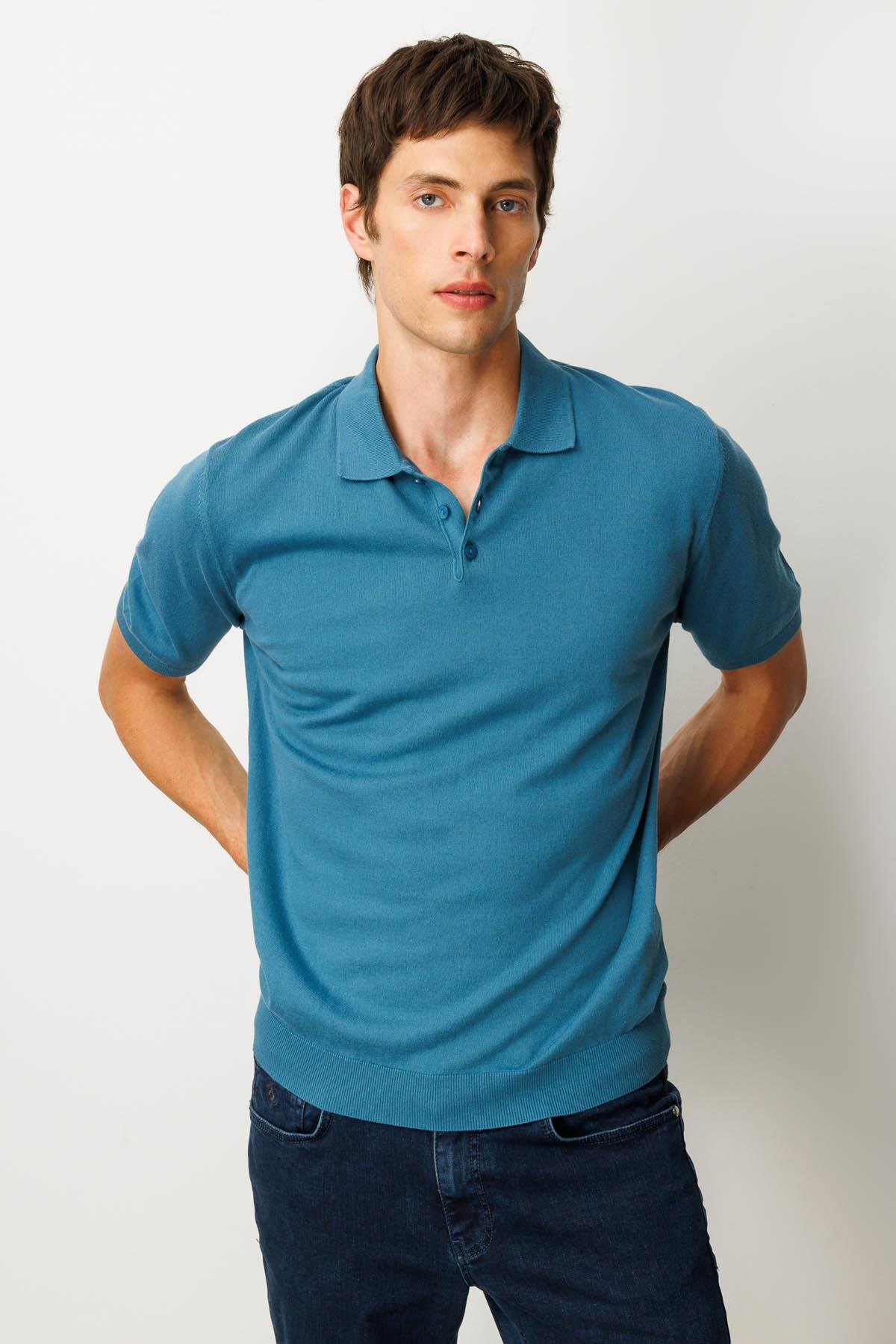 25390Erkek Polo Yaka %100 Pamuk Kısa Kol İnce Triko Mavi