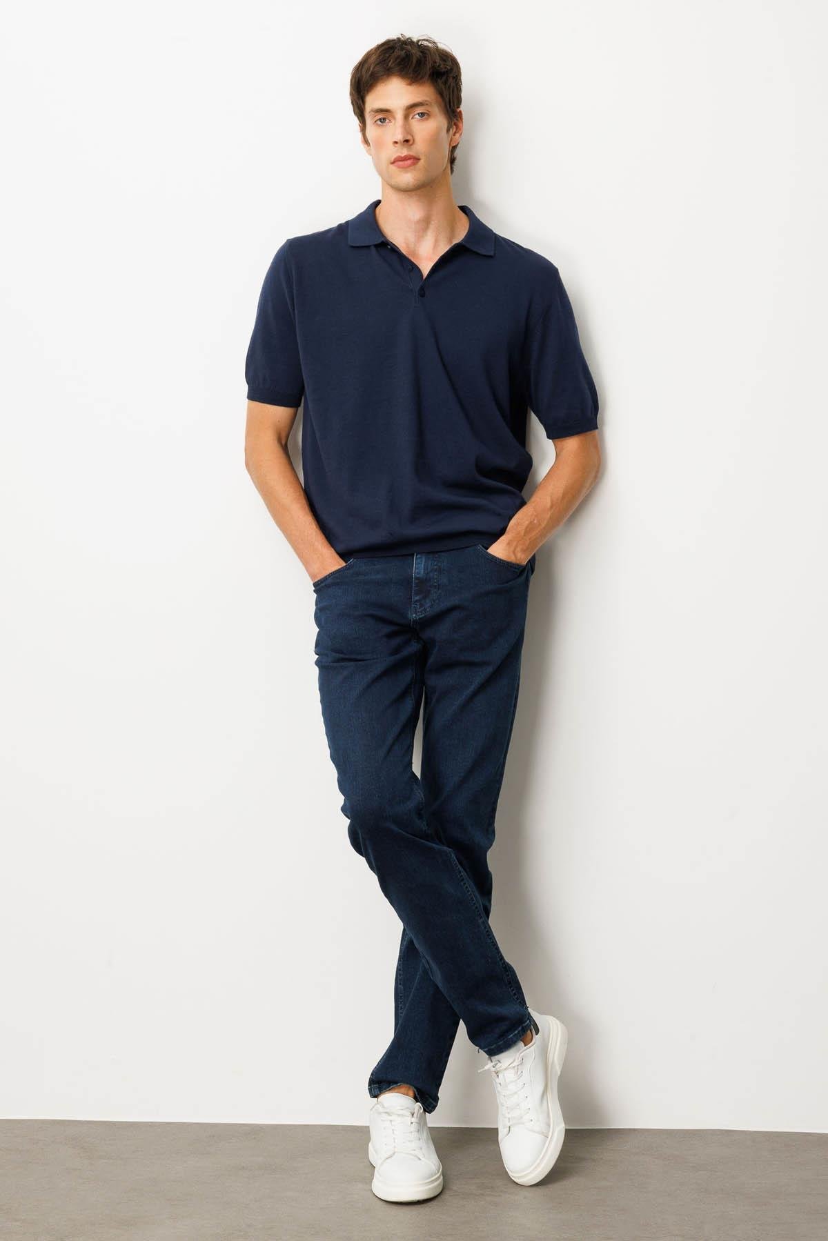 25390Erkek Polo Yaka %100 Pamuk Kısa Kol İnce Triko Lacivert