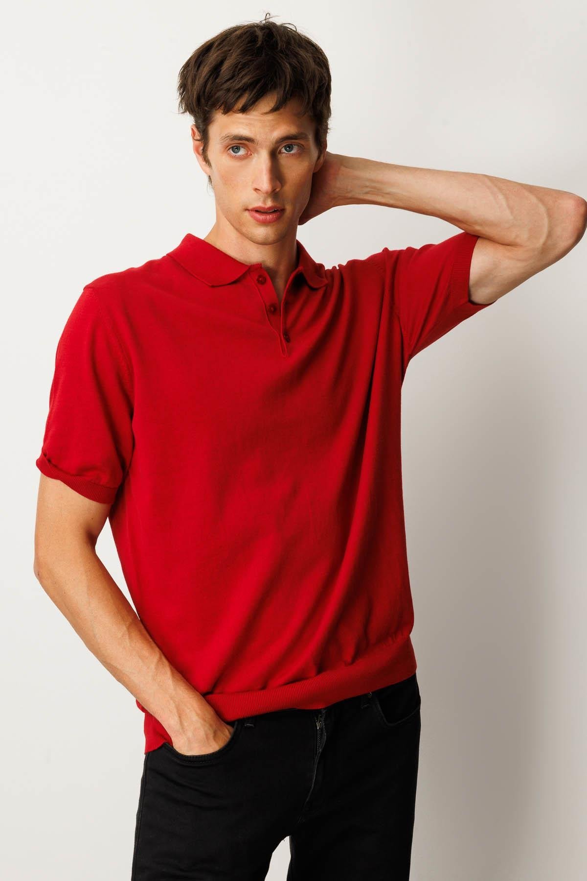 25390Erkek Polo Yaka %100 Pamuk Kısa Kol İnce Triko Kırmızı