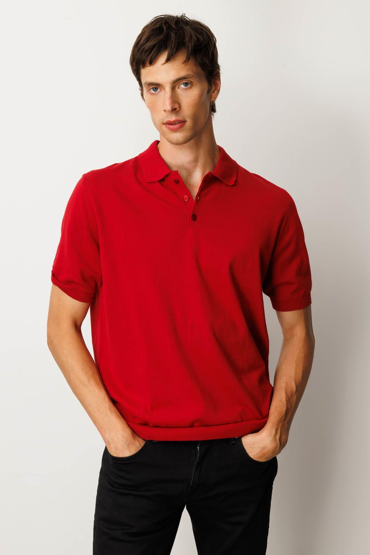25390Erkek Polo Yaka %100 Pamuk Kısa Kol İnce Triko Kırmızı