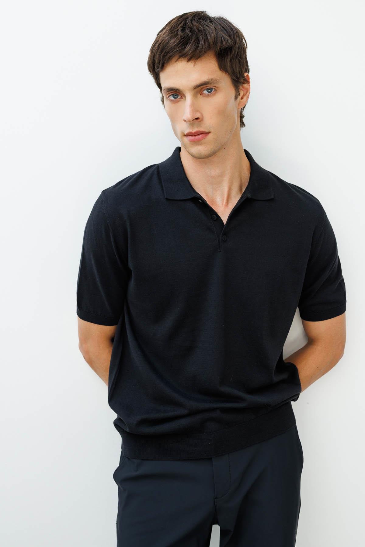 25390Erkek Polo Yaka %100 Pamuk Kısa Kol İnce Triko Siyah