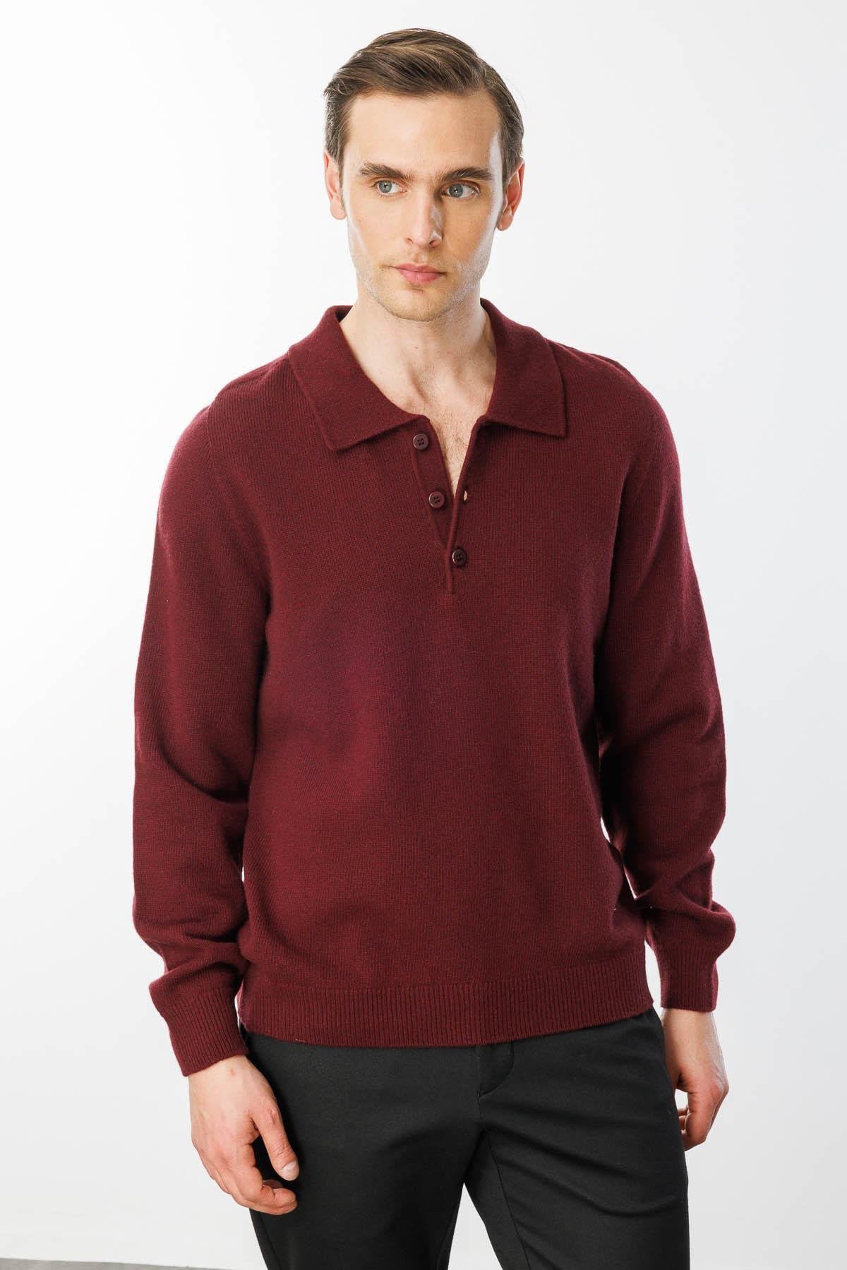23528Erkek Polo Yaka Basic Yün Kazak Bordo