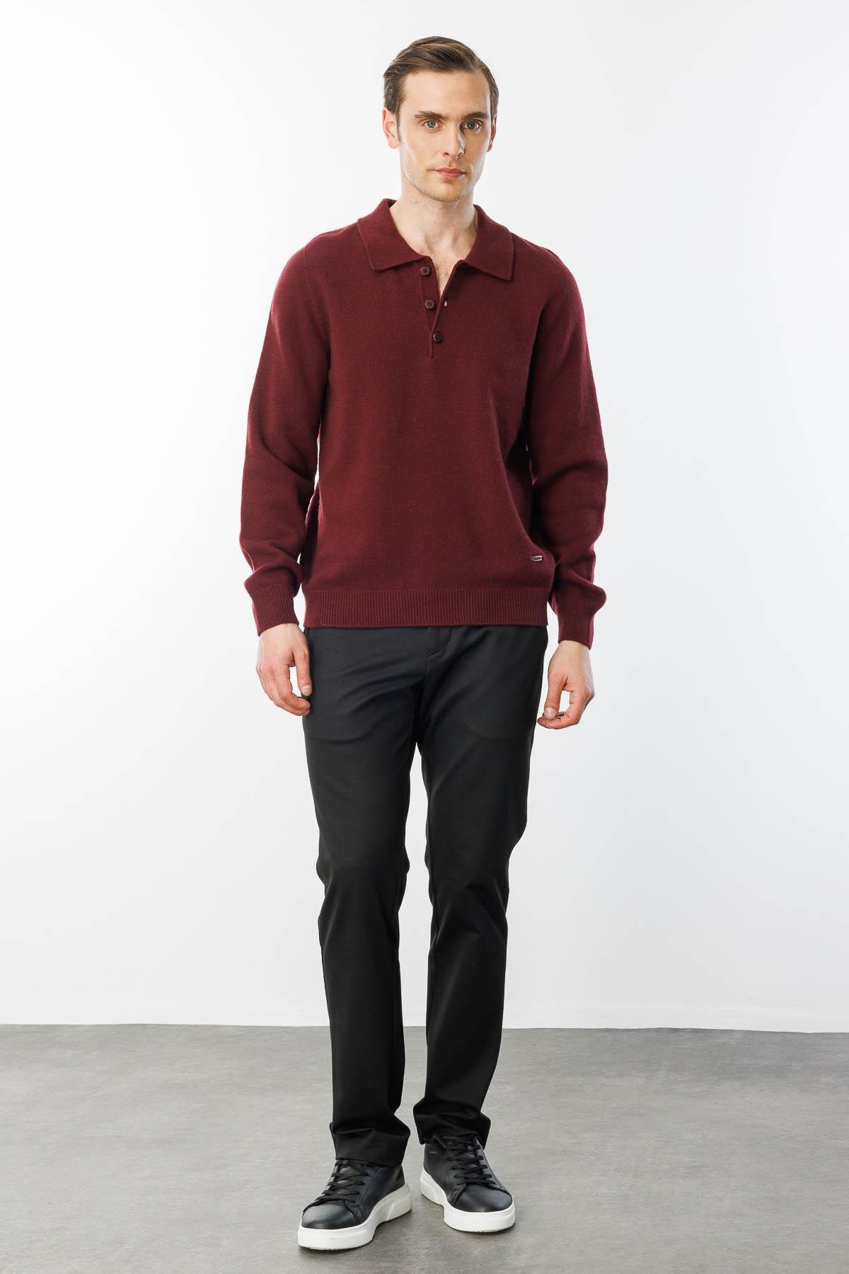 23528Erkek Polo Yaka Basic Yün Kazak Bordo