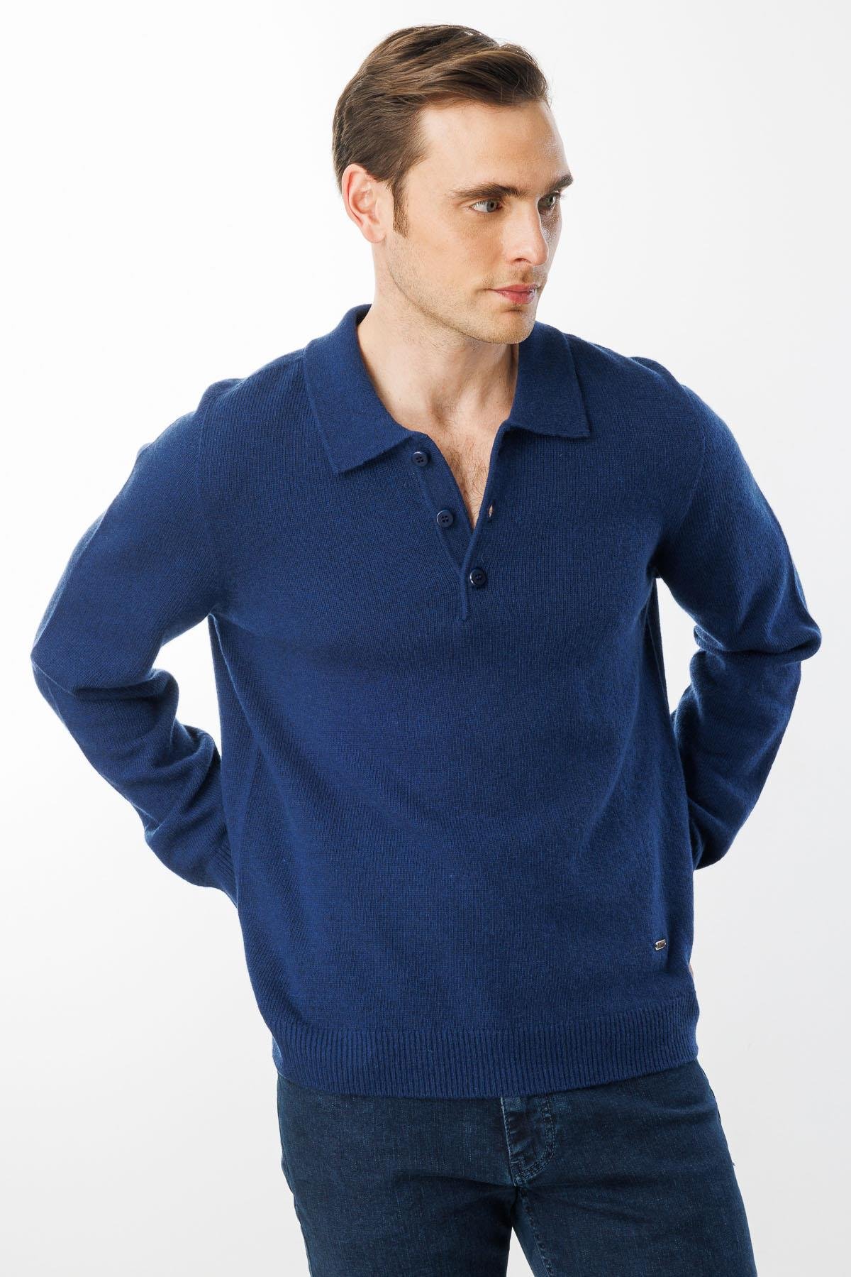 23528Erkek Polo Yaka Basic Yün Kazak İndigo