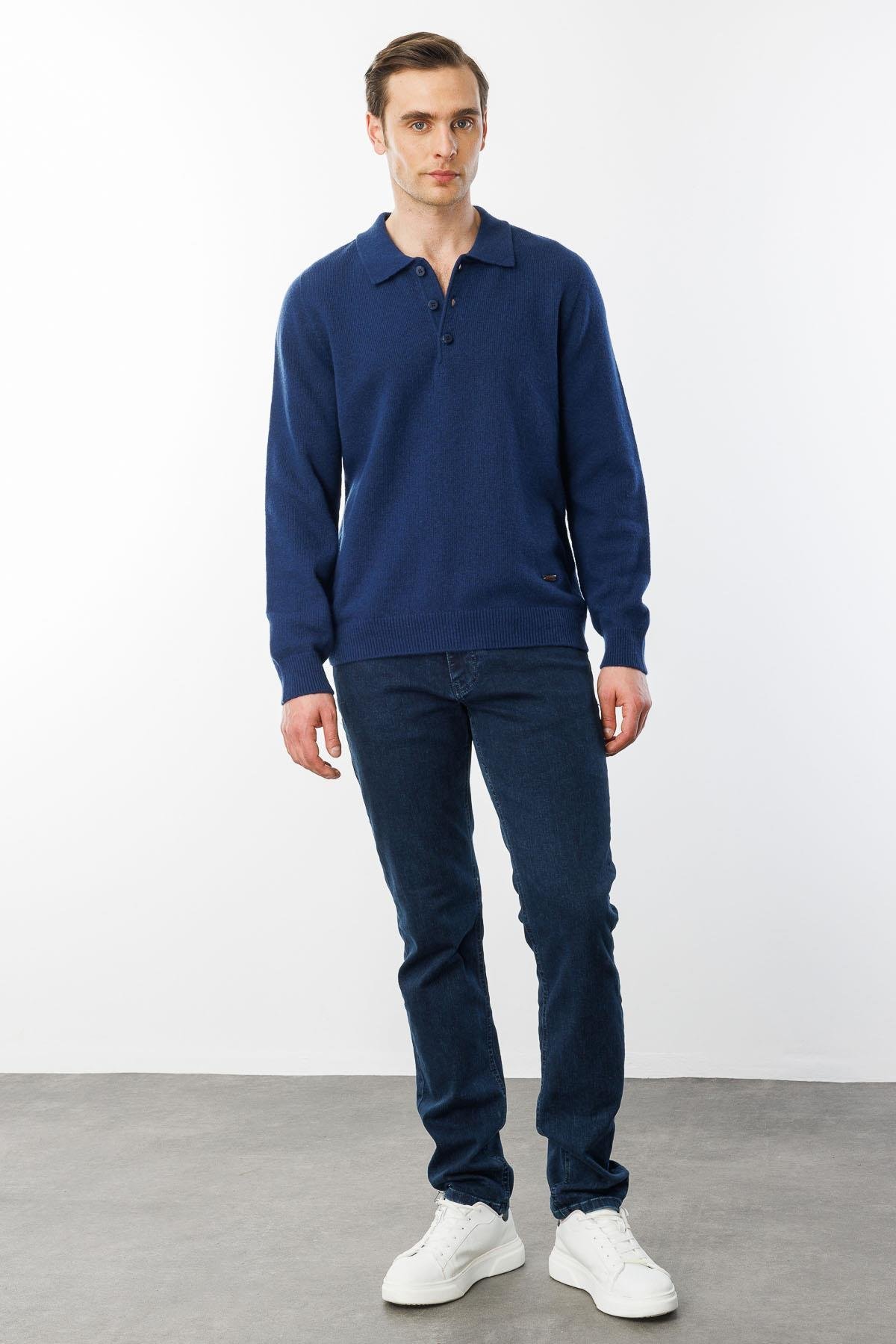 23528Erkek Polo Yaka Basic Yün Kazak İndigo