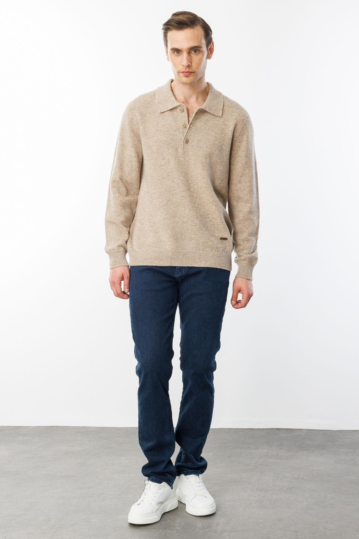23528Erkek Polo Yaka Basic Yün Kazak K.Bej