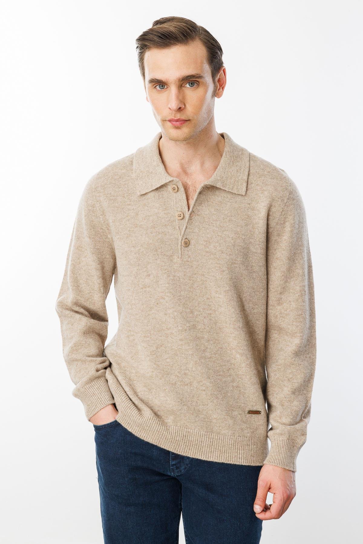 23528Erkek Polo Yaka Basic Yün Kazak K.Bej