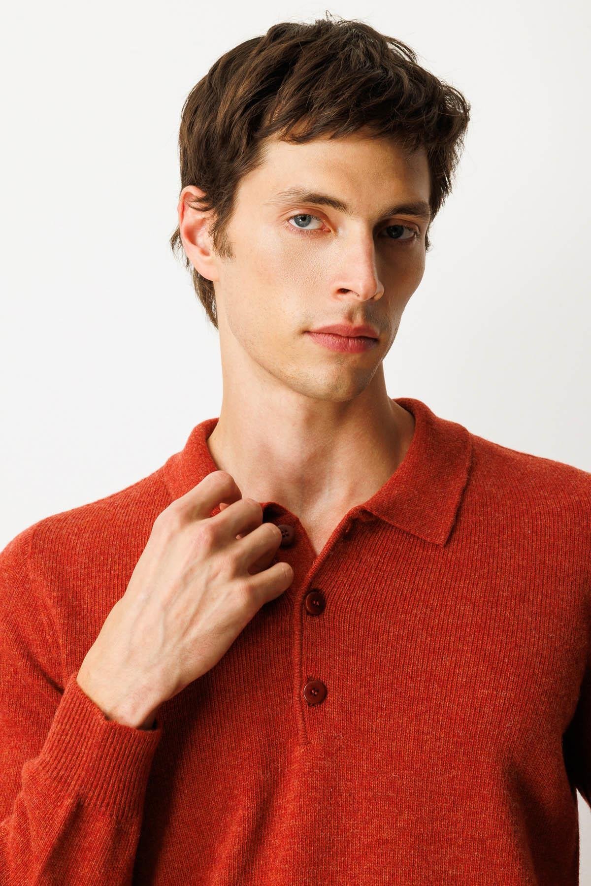 23528Erkek Polo Yaka Basic Yün Kazak Kiremit