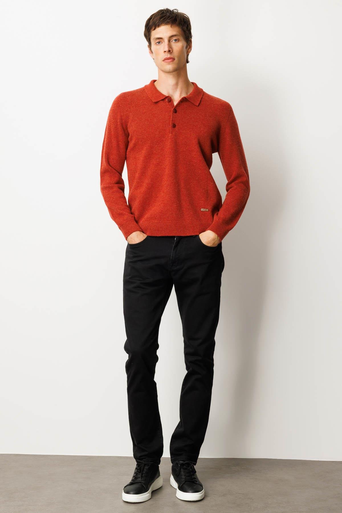 23528Erkek Polo Yaka Basic Yün Kazak Kiremit