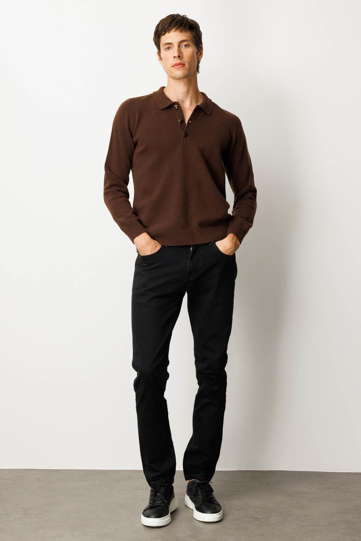 23528Erkek Polo Yaka Basic Yün Kazak M.Kahve