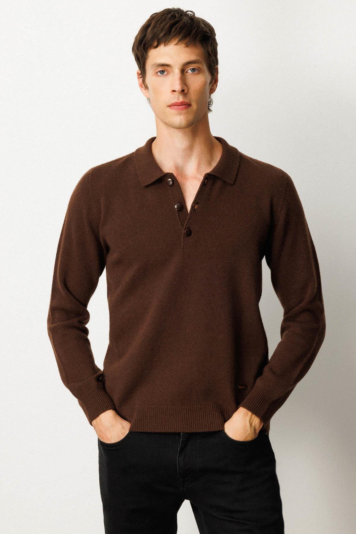 23528Erkek Polo Yaka Basic Yün Kazak M.Kahve