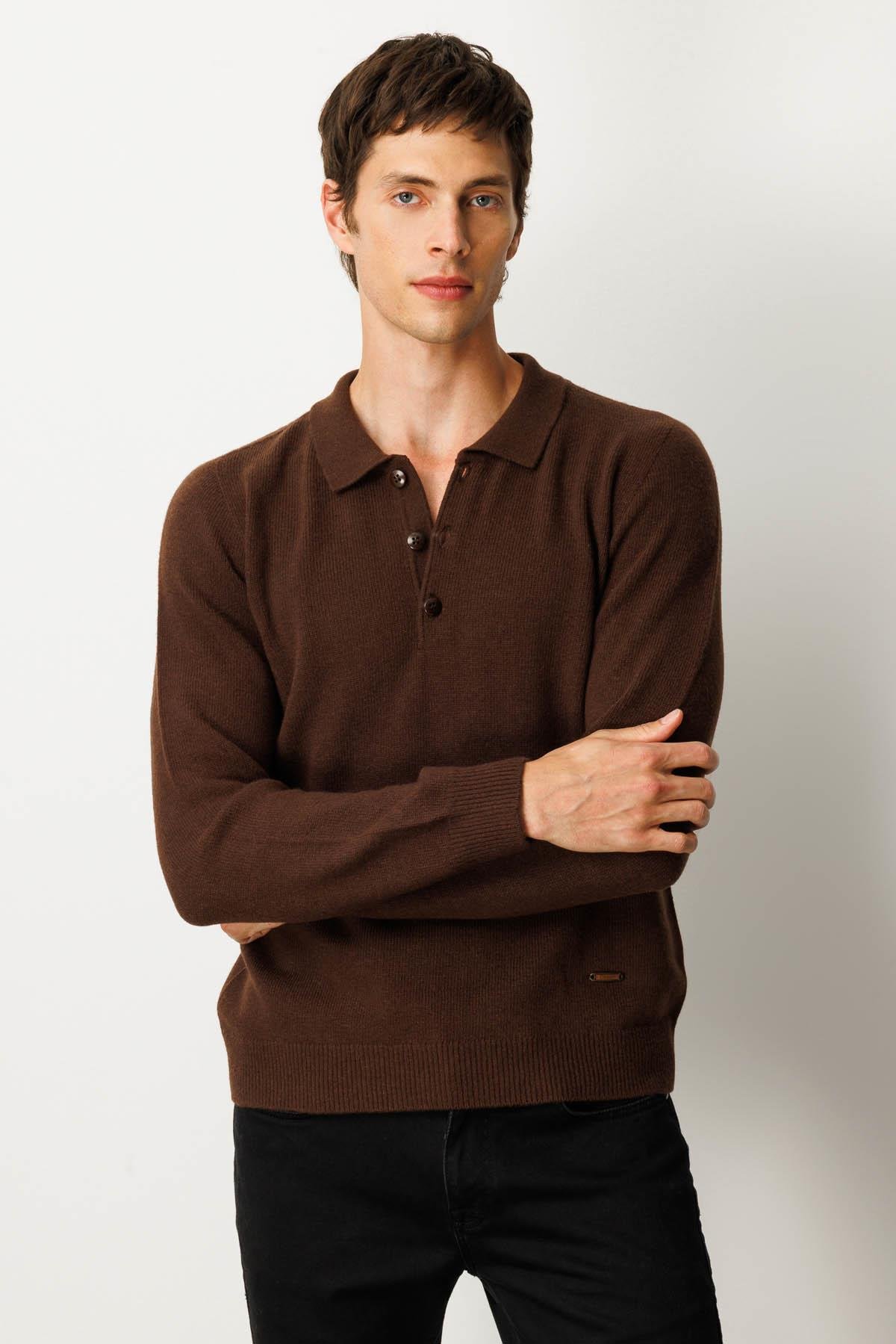 23528Erkek Polo Yaka Basic Yün Kazak M.Kahve