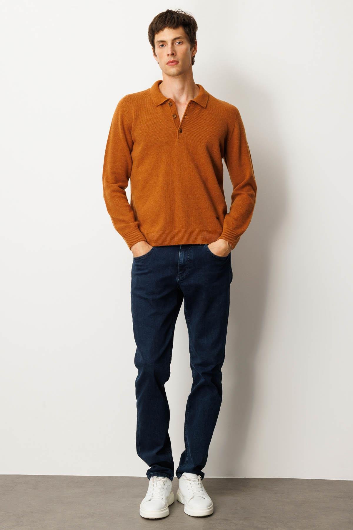 23528Erkek Polo Yaka Basic Yün Kazak Tarçın