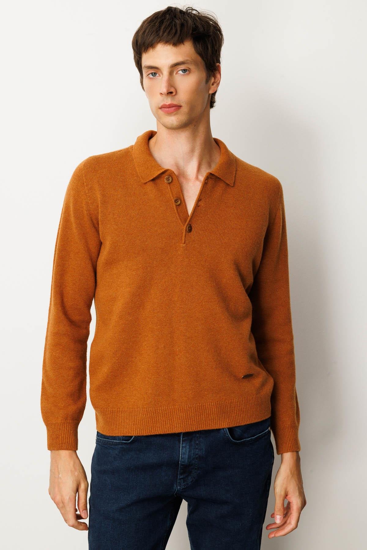 23528Erkek Polo Yaka Basic Yün Kazak Tarçın