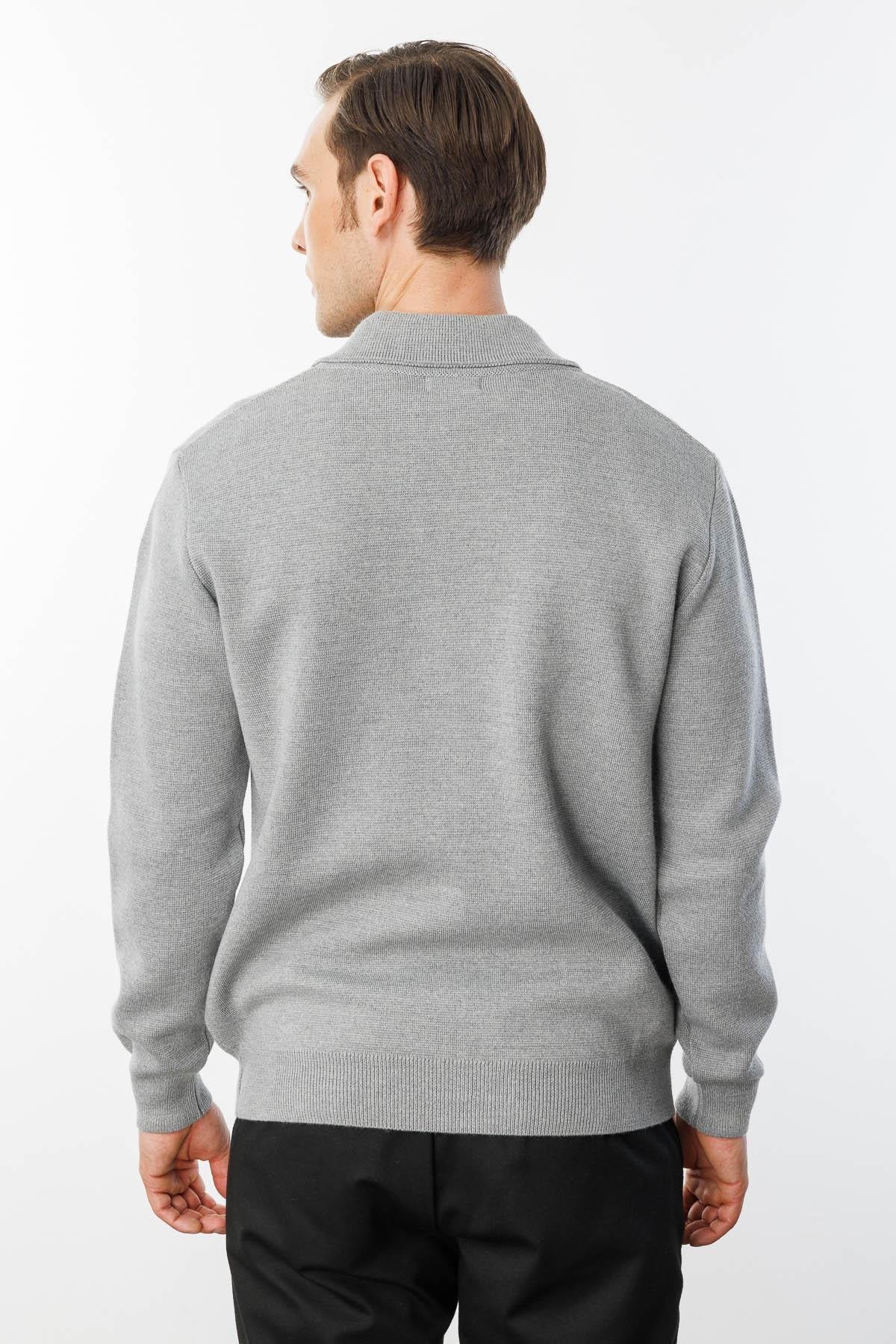 22531Erkek Polo Yaka Çelik Örgü Yün Ceket Füme